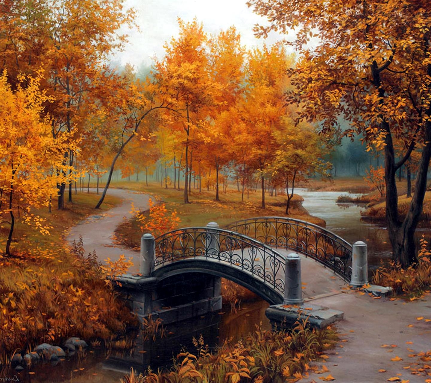 1499581 descargar imagen artístico, puente, otoño, color naranja), parque, sendero, corriente, árbol: fondos de pantalla y protectores de pantalla gratis
