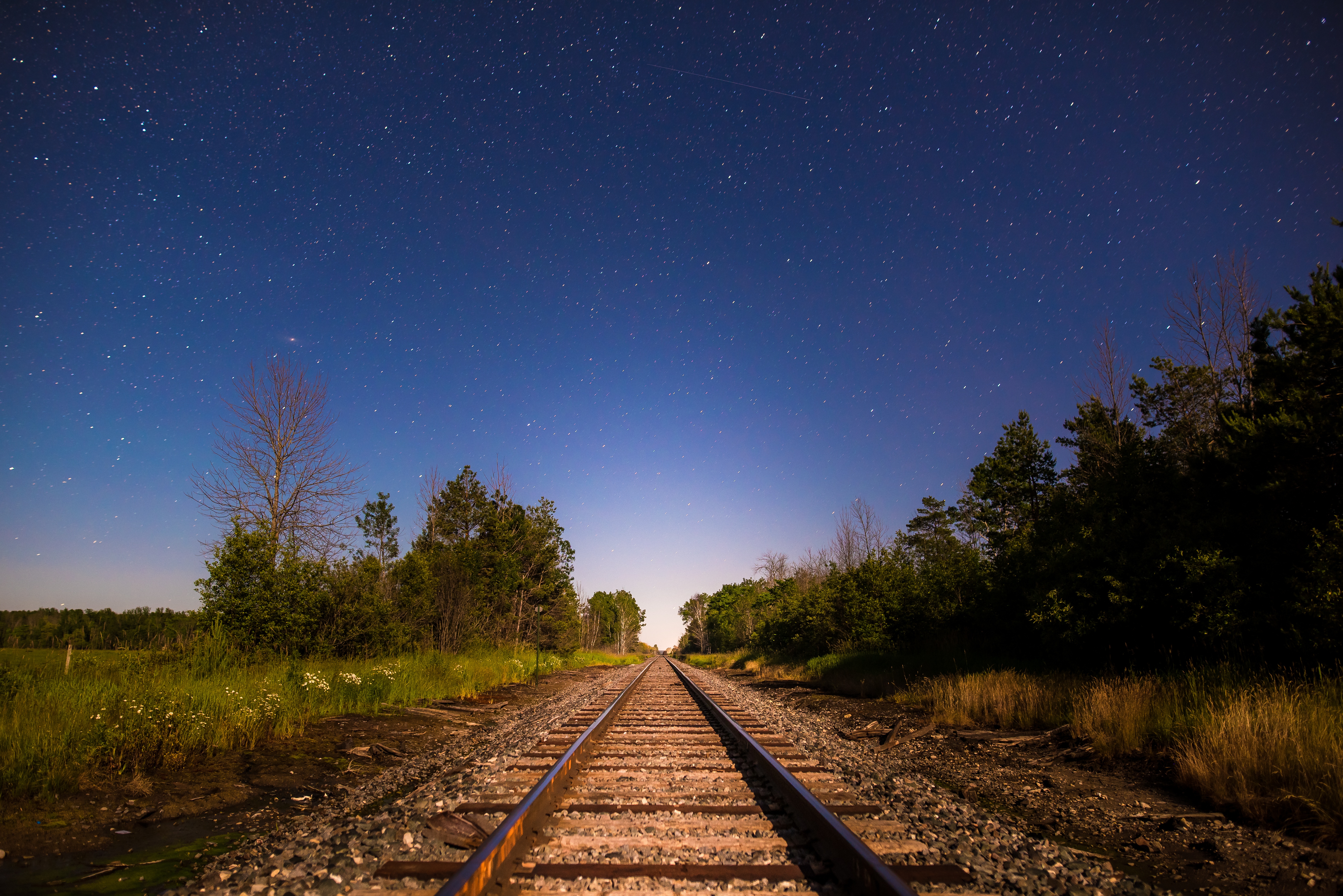 nature, trees, starry sky, railway, direction