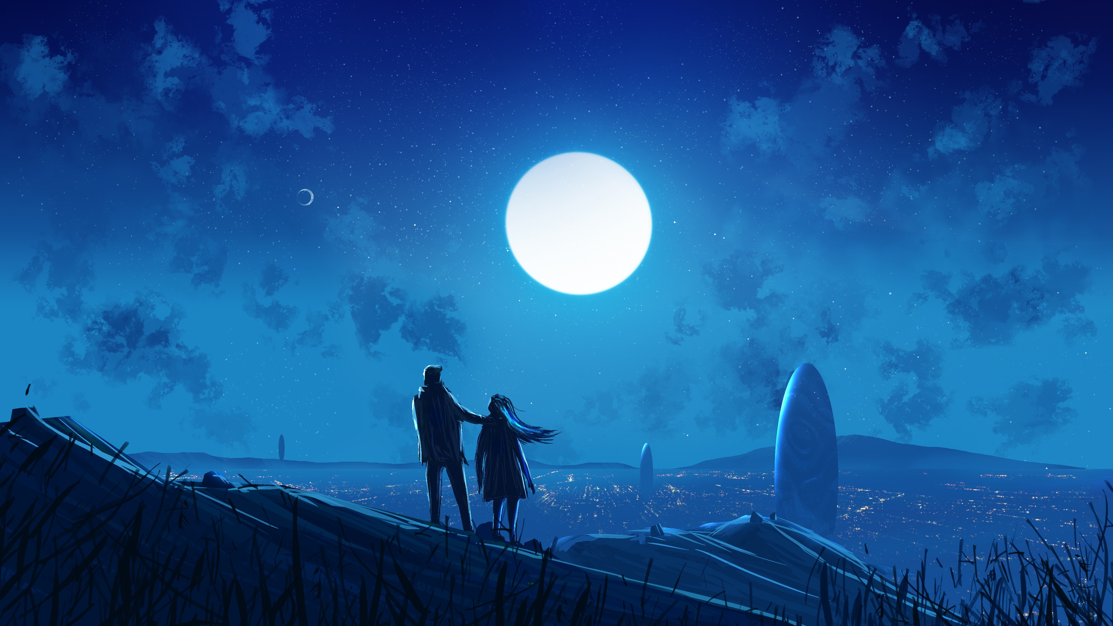 Free download wallpaper Landscape, Moon, Love, Couple, Sci Fi on your PC desktop
