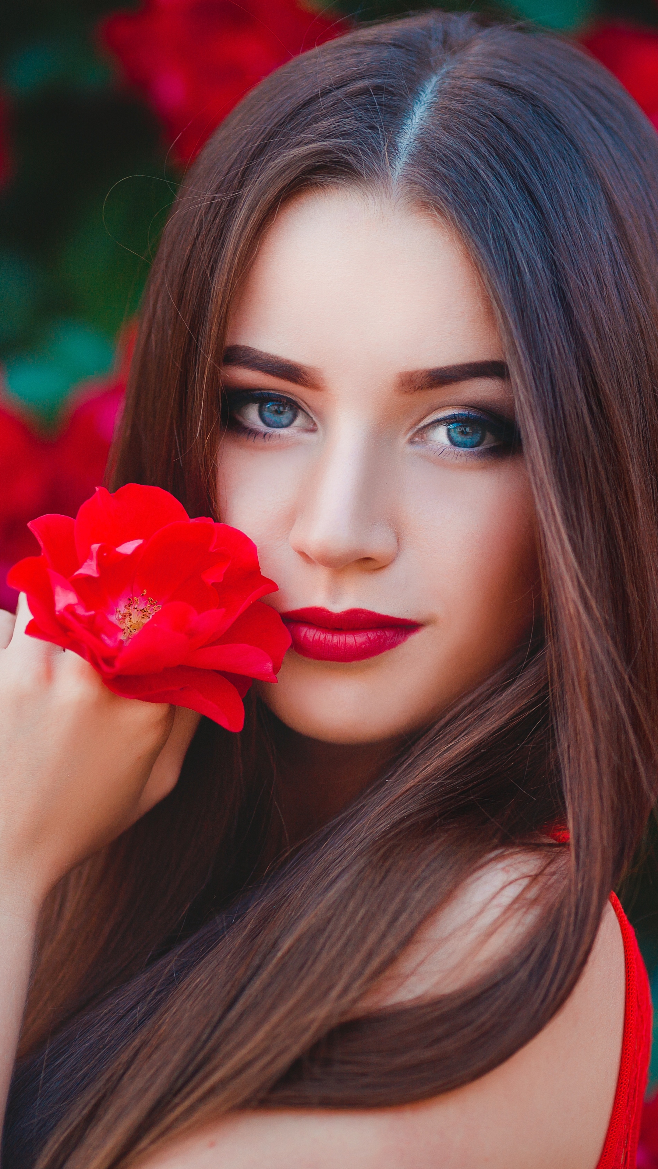 Download mobile wallpaper Brunette, Model, Women, Blue Eyes, Red Flower, Long Hair, Lipstick for free.