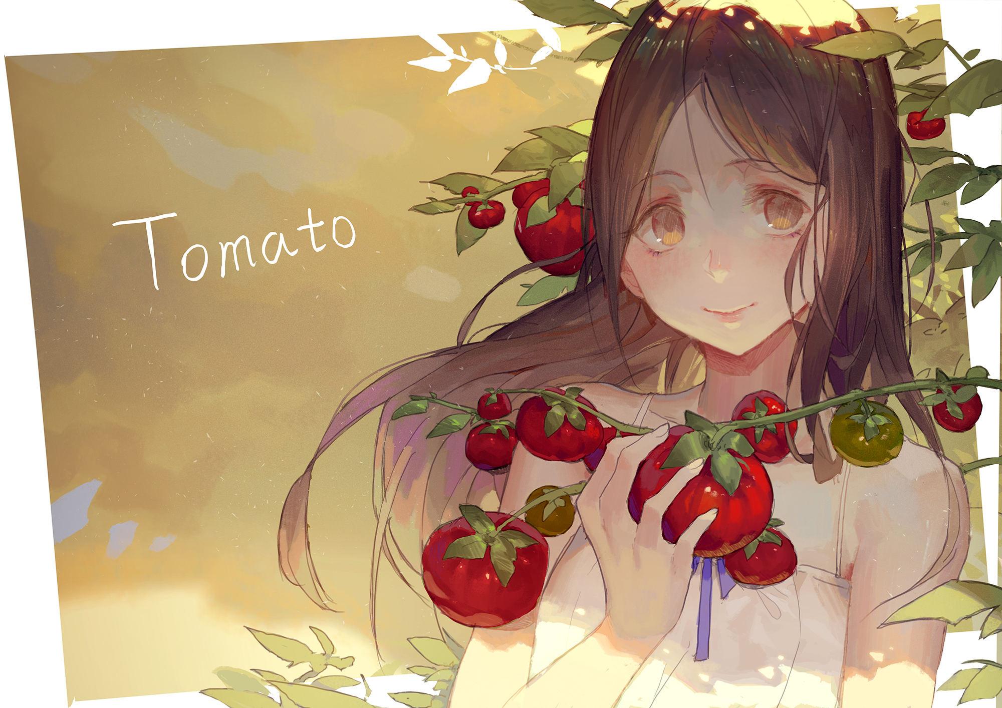 Download mobile wallpaper Anime, Smile, Tomato, Original, Brown Eyes, Long Hair, Brown Hair for free.