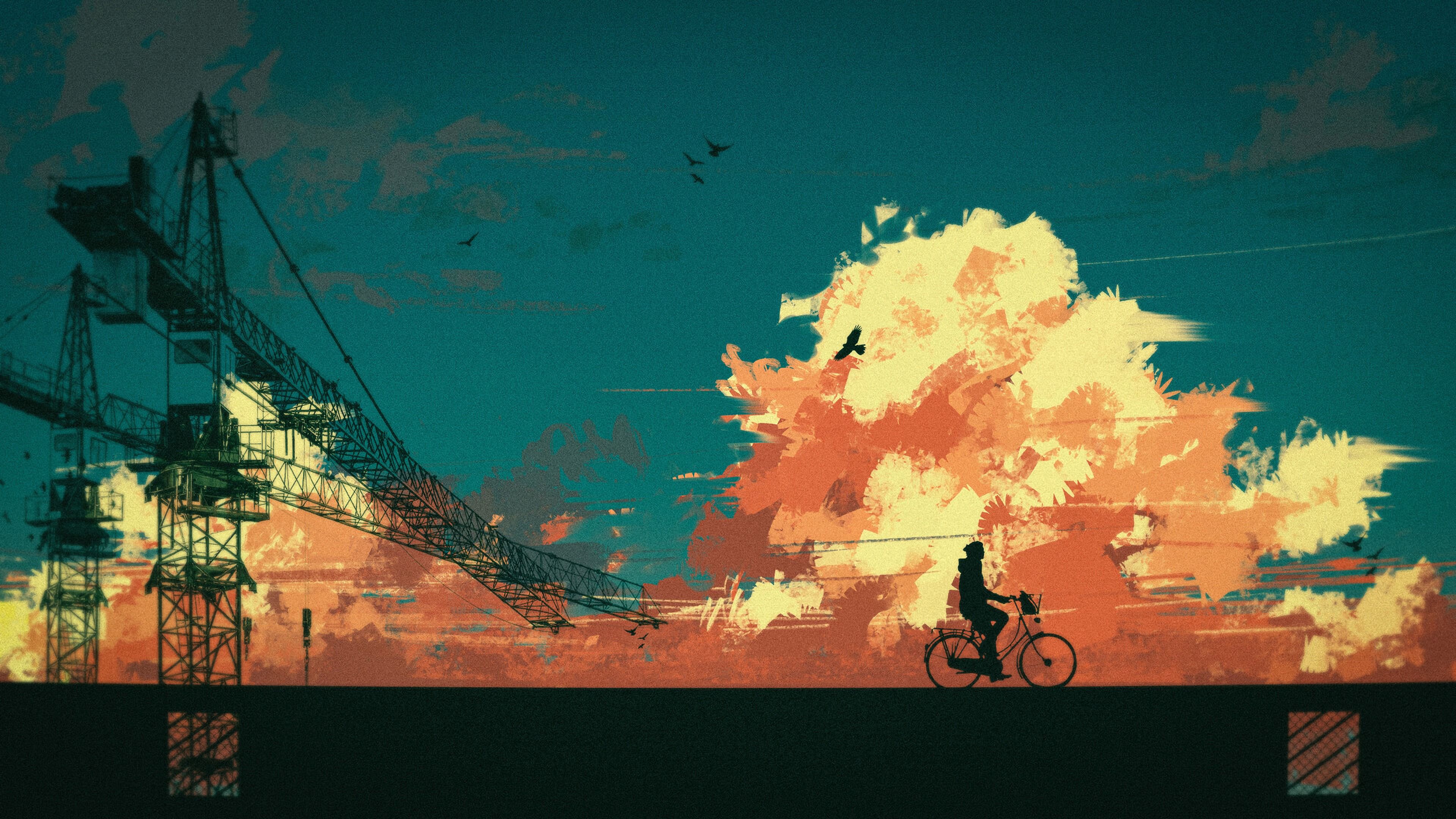 art, silhouette, clouds, bicycle, cyclist