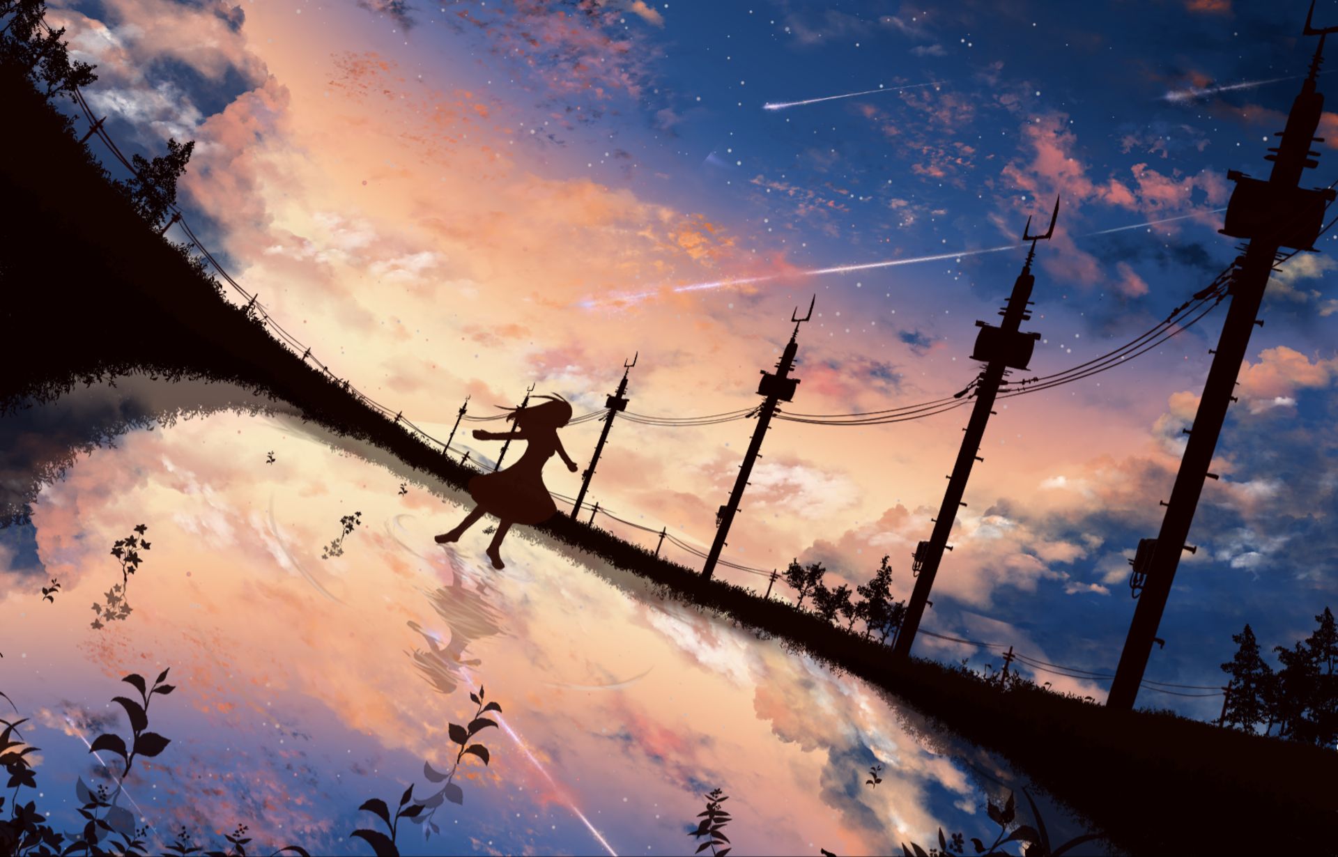 Free download wallpaper Anime, Water, Sunset, Starry Sky, Original, Shooting Star on your PC desktop