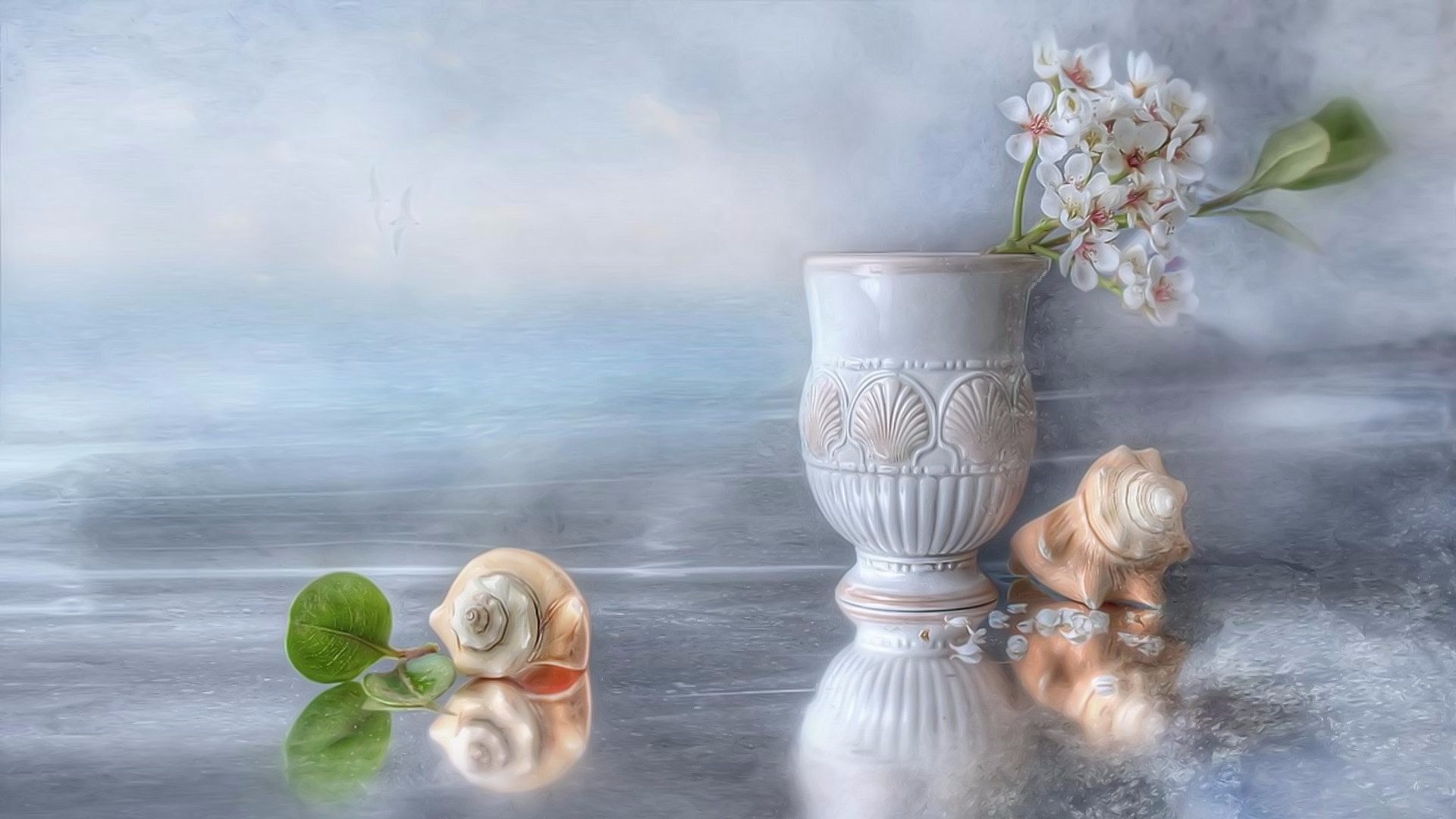 Handy-Wallpaper Blume, Vase, Muschel, Künstlerisch, Stillleben kostenlos herunterladen.