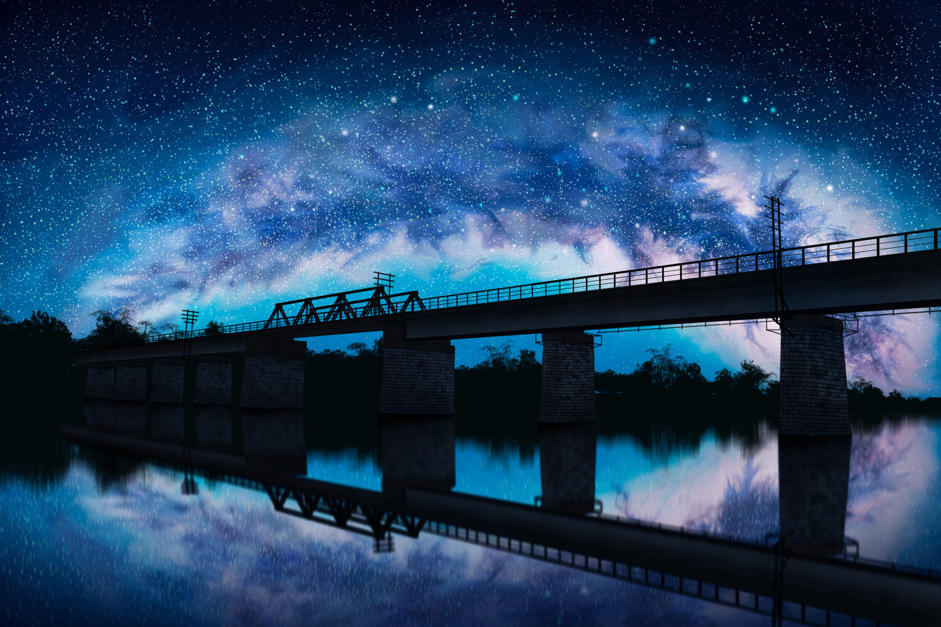 968089 baixar imagens anime, the bridge, lago, reflecção, céu estrelado - papéis de parede e protetores de tela gratuitamente