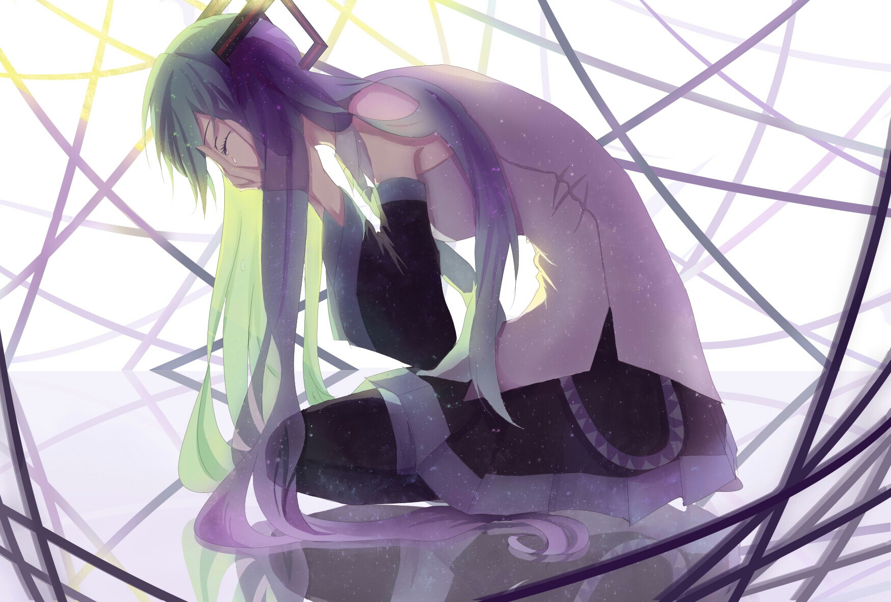 Free download wallpaper Anime, Vocaloid, Green Hair, Skirt, Tears, Hatsune Miku, Long Hair, Twintails on your PC desktop