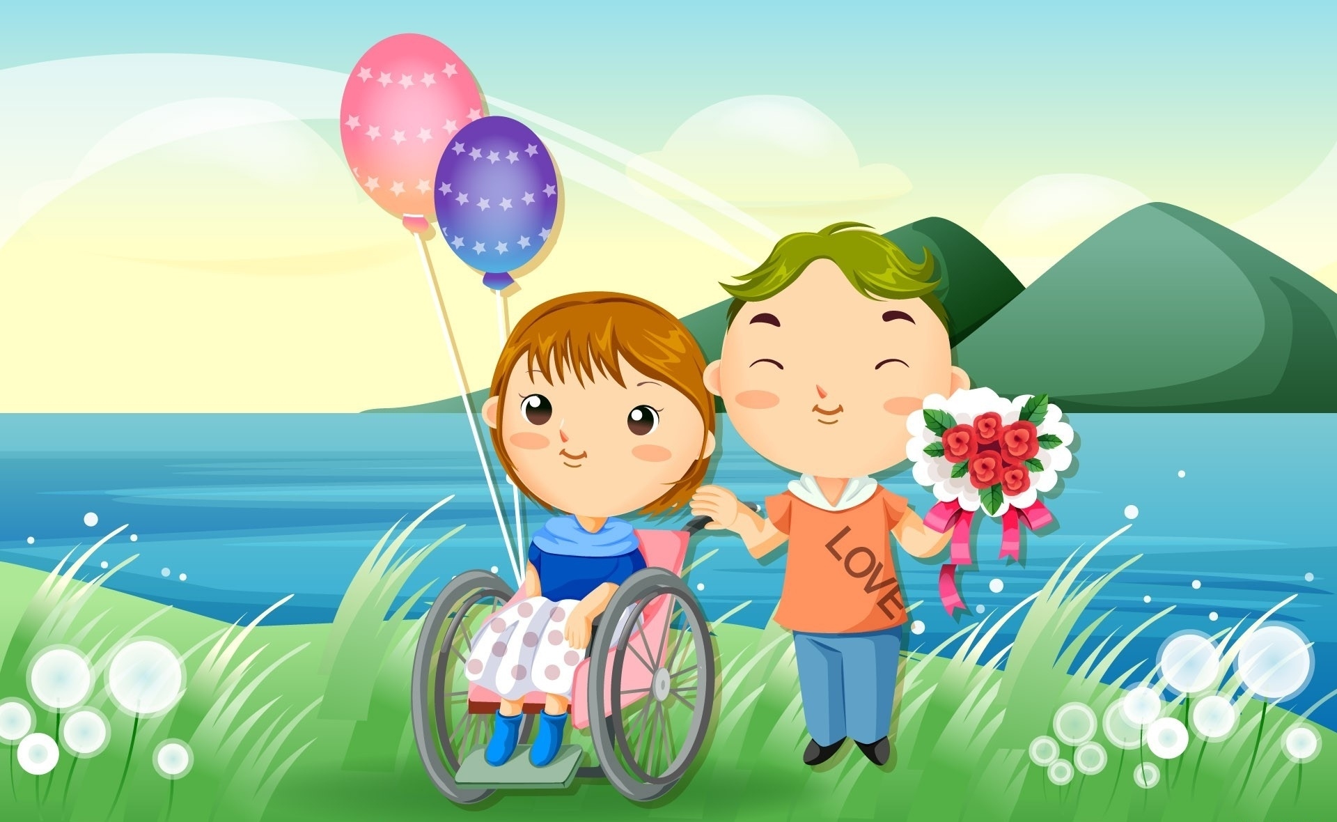 Download mobile wallpaper Love, Couple, Bouquet, Balloon, Artistic for free.
