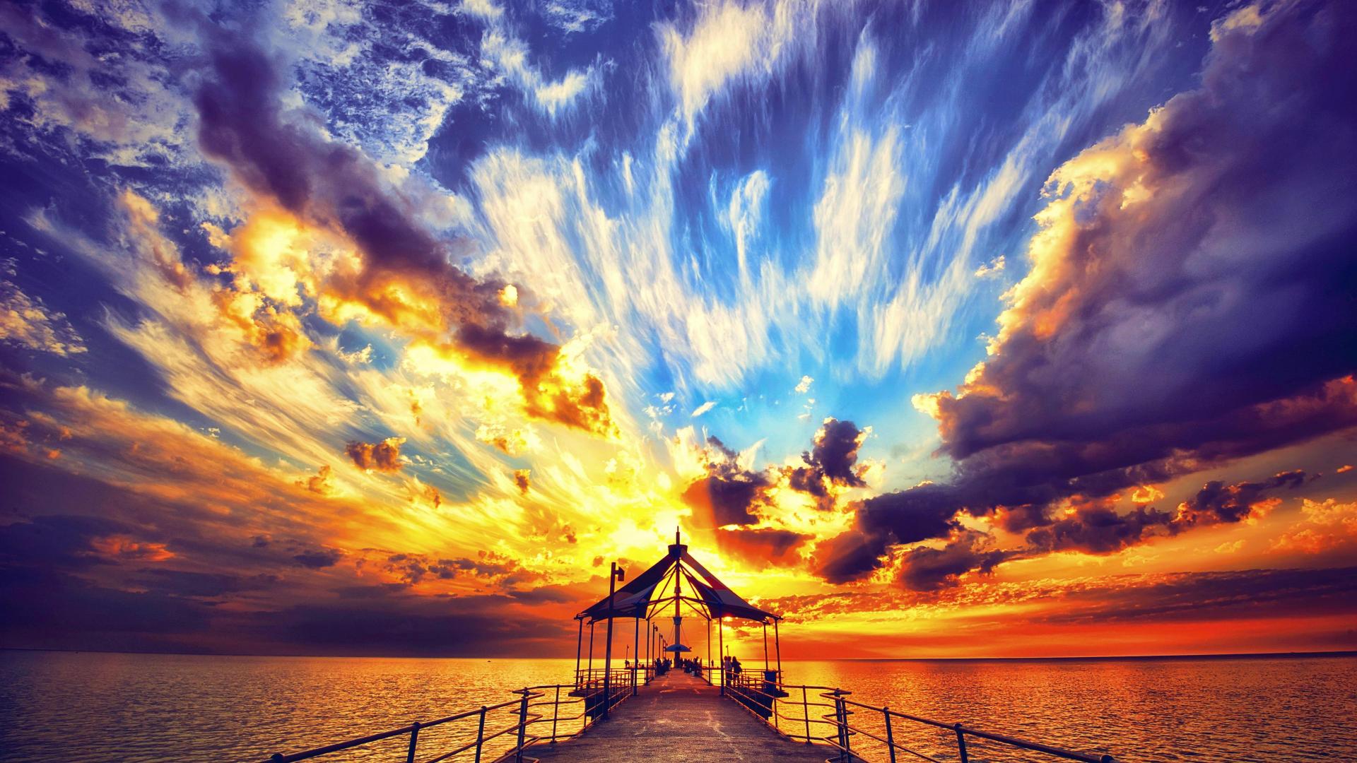 Download mobile wallpaper Sunset, Sky, Sea, Horizon, Pier, Ocean, Cloud, Man Made for free.