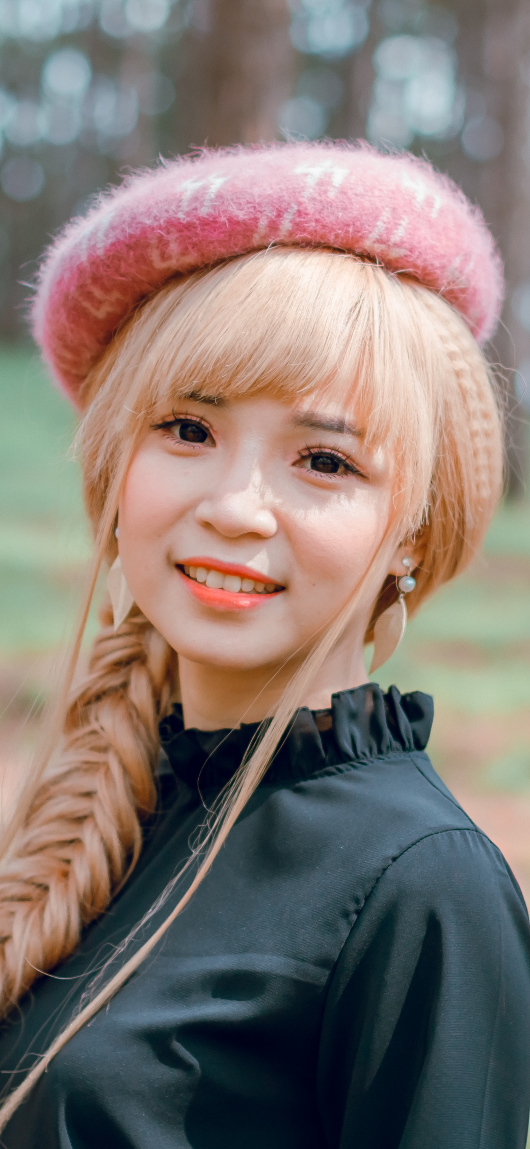 Download mobile wallpaper Smile, Blonde, Hat, Model, Women, Braid, Asian, Long Hair for free.