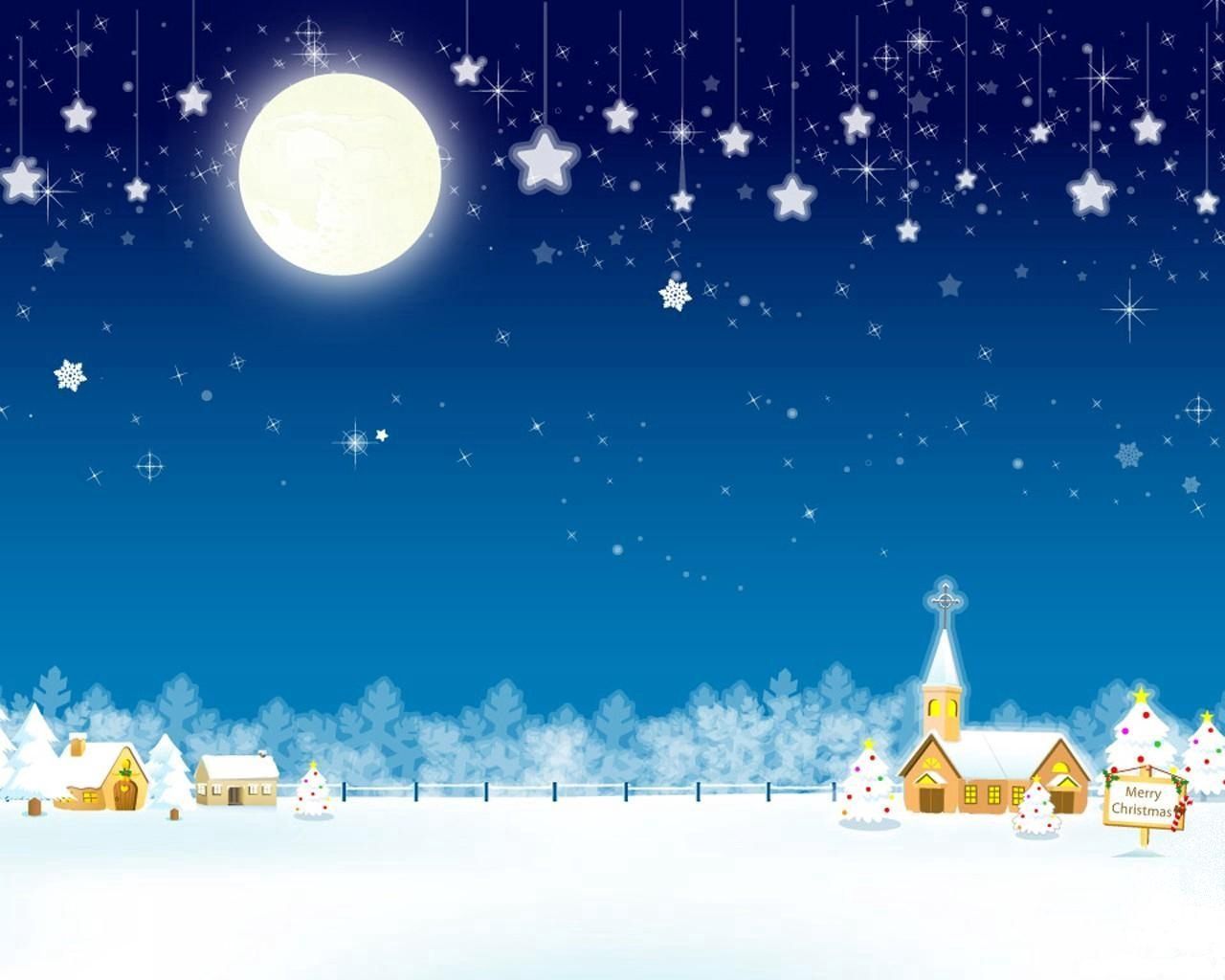 Handy-Wallpaper Weihnachten, Kirche, Häuser, Tannenbaum, Feiertage, Urlaub, Mond, Sterne kostenlos herunterladen.