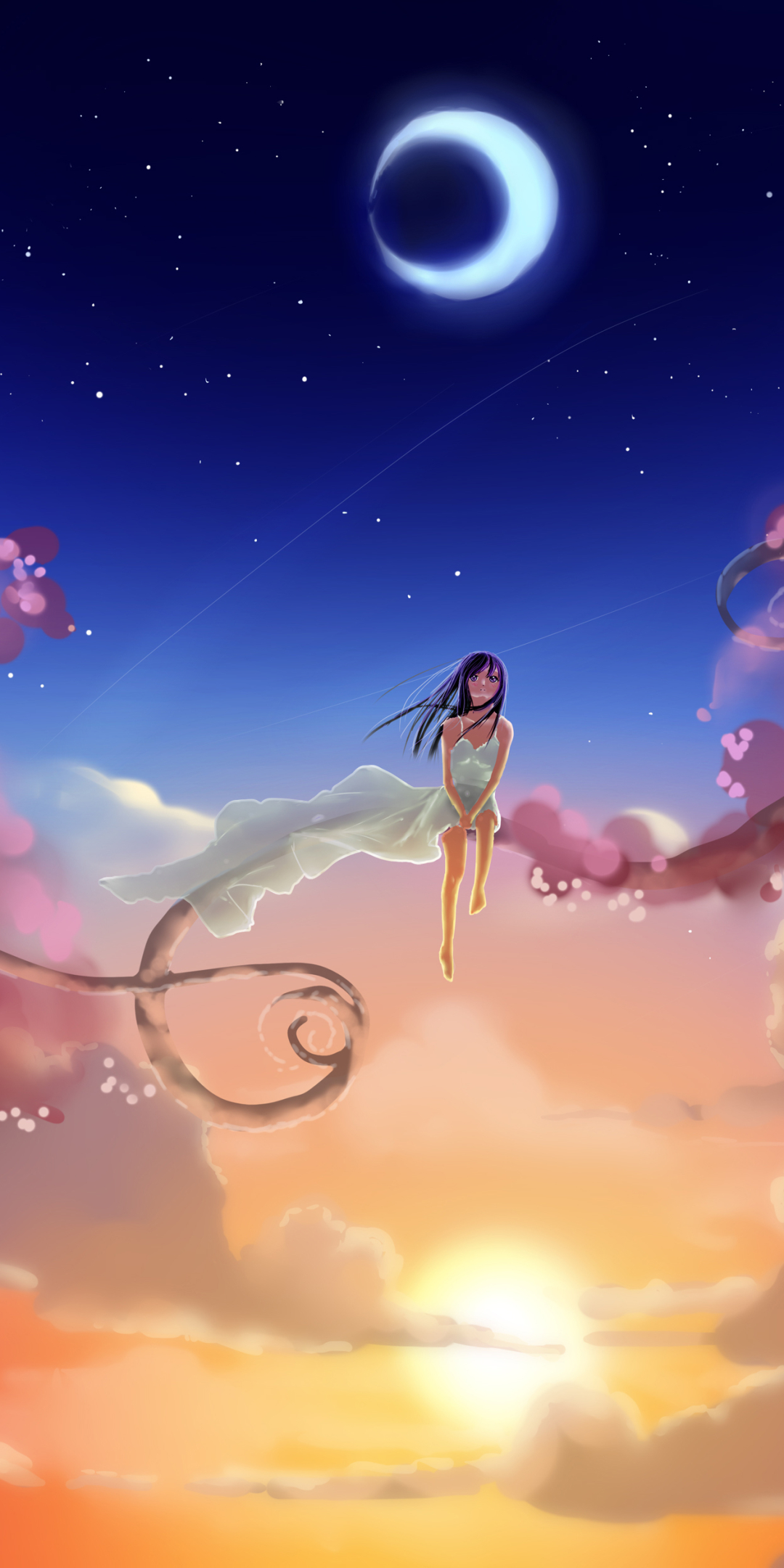 無料モバイル壁紙女の子, 日没, 星空, 月, アニメをダウンロードします。