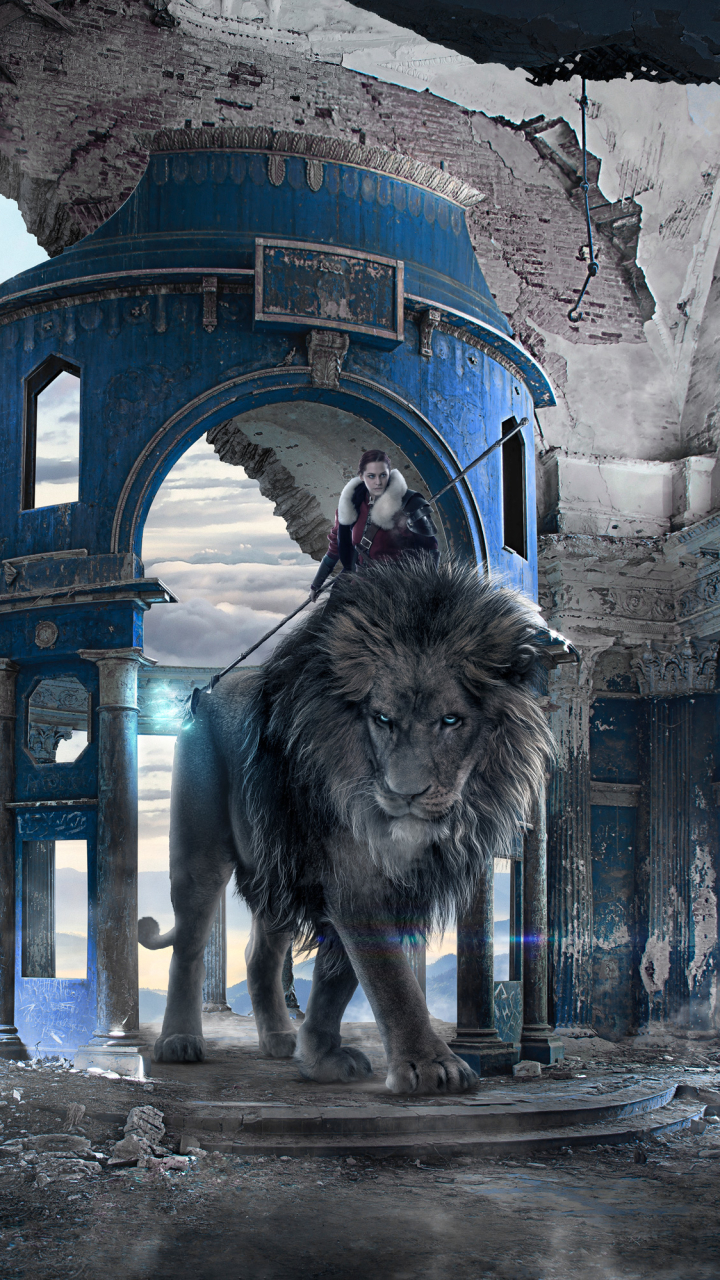 Download mobile wallpaper Fantasy, Lion, Ruin, Woman Warrior, Fantasy Animals for free.