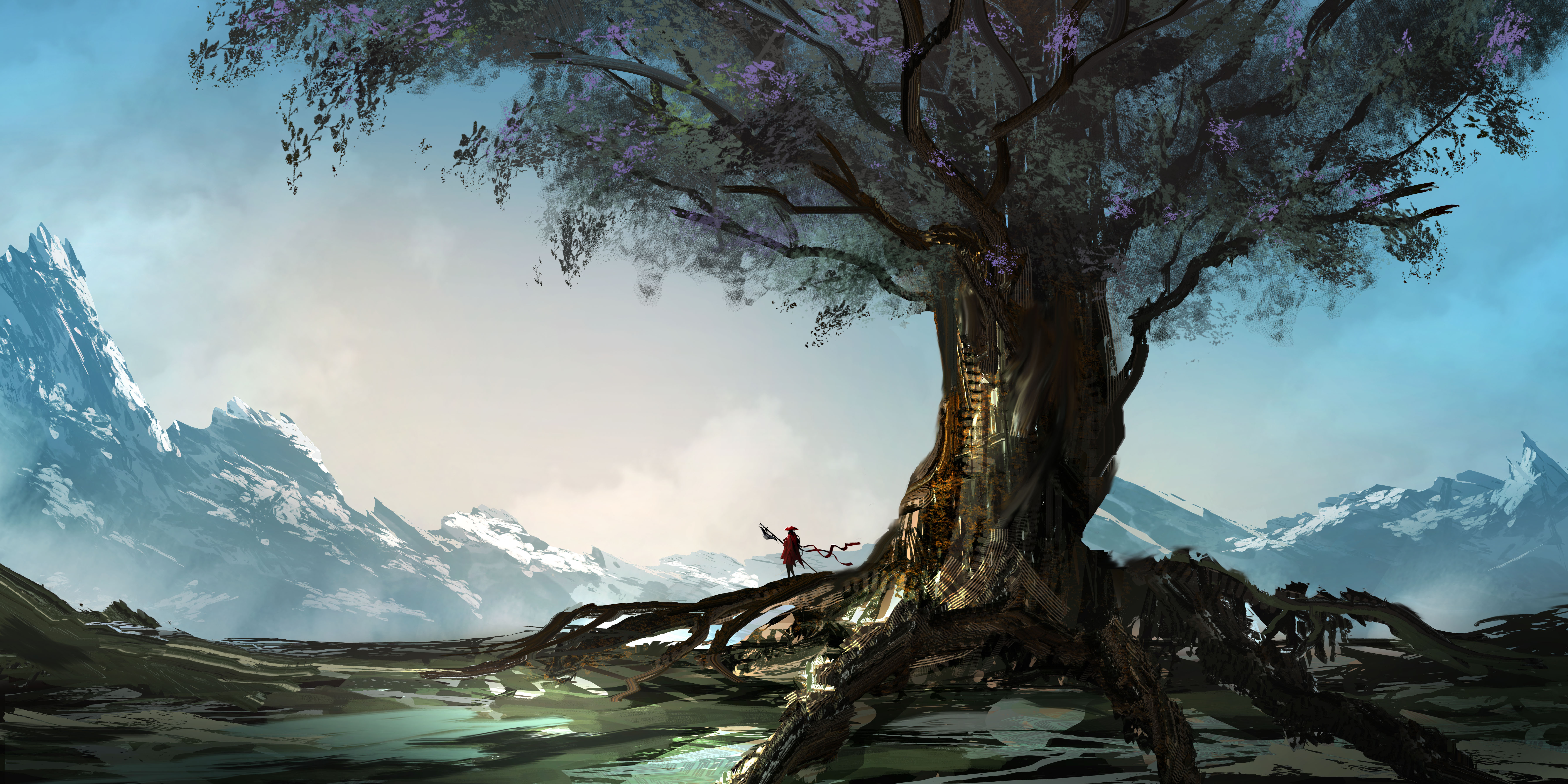 Free download wallpaper Landscape, Fantasy, Mountain, Tree on your PC desktop