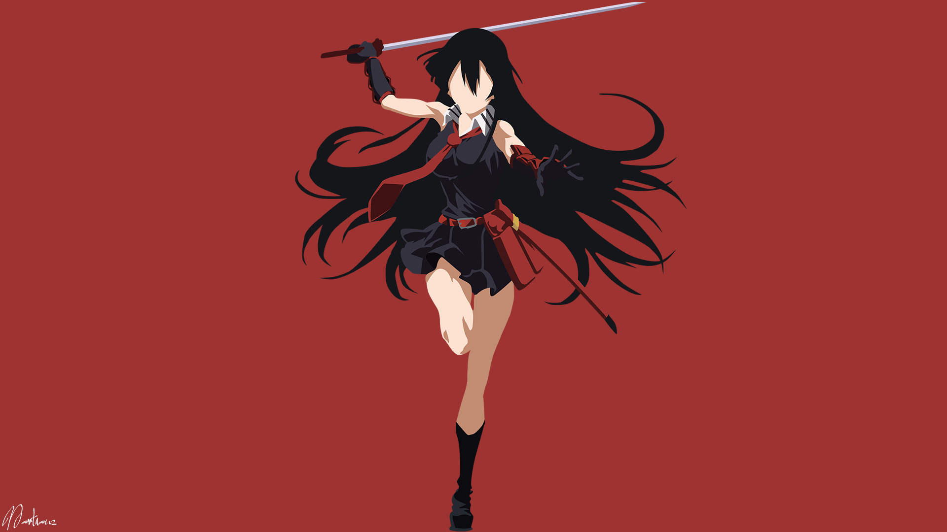 Download mobile wallpaper Anime, Weapon, Boots, Glove, Skirt, Tie, Sword, Belt, Black Hair, Long Hair, Minimalist, Akame (Akame Ga Kill!), Akame Ga Kill! for free.