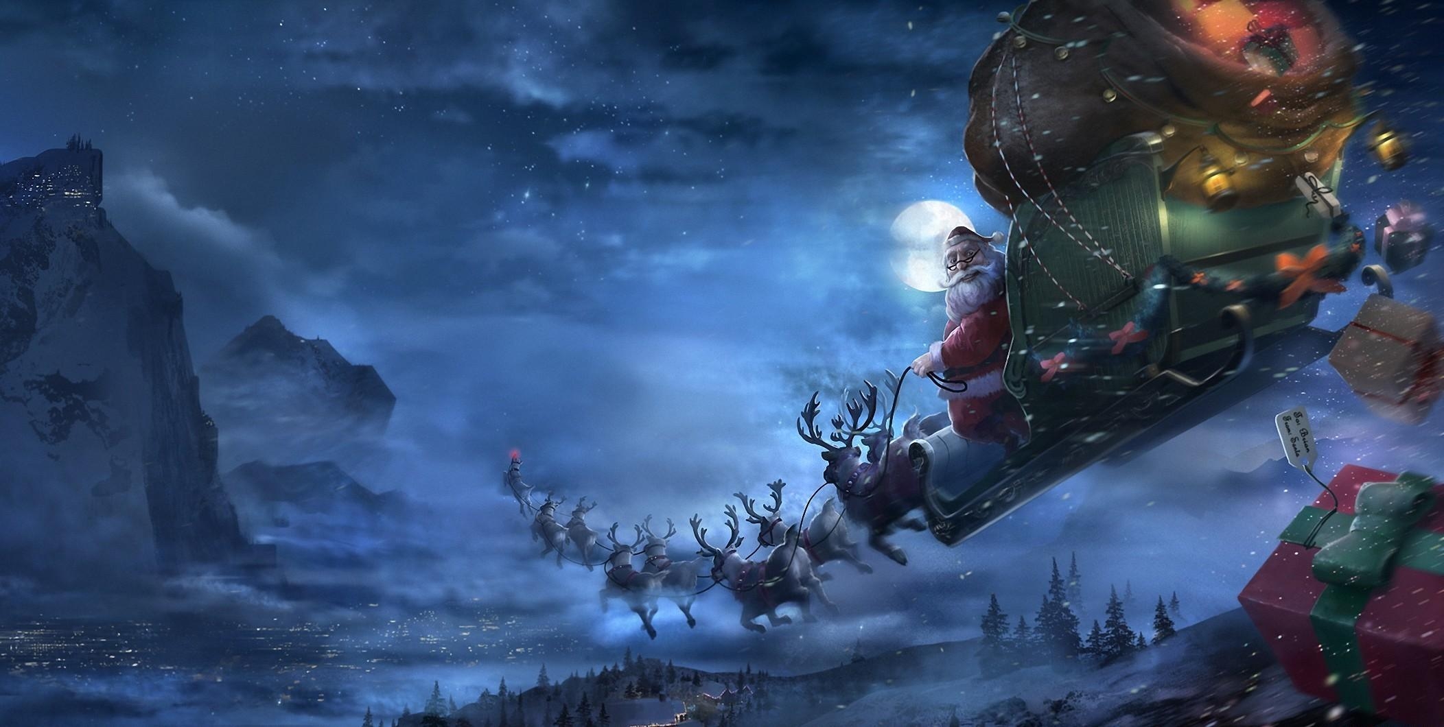 christmas, santa claus, holidays, deers, flight, sleigh, sledge, presents, gifts HD wallpaper