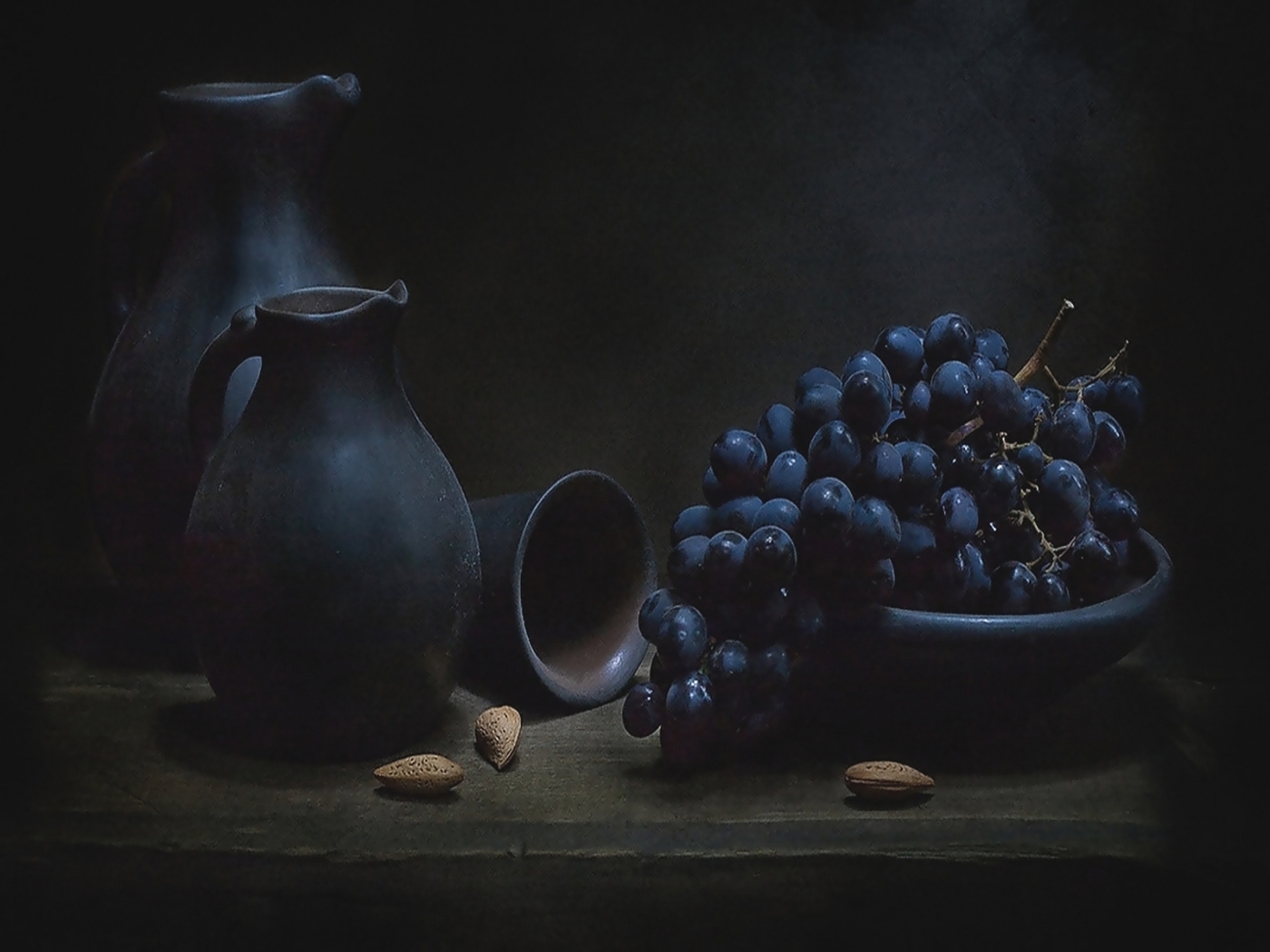 black, grapes, fruits, tablewares, pictures, still life
