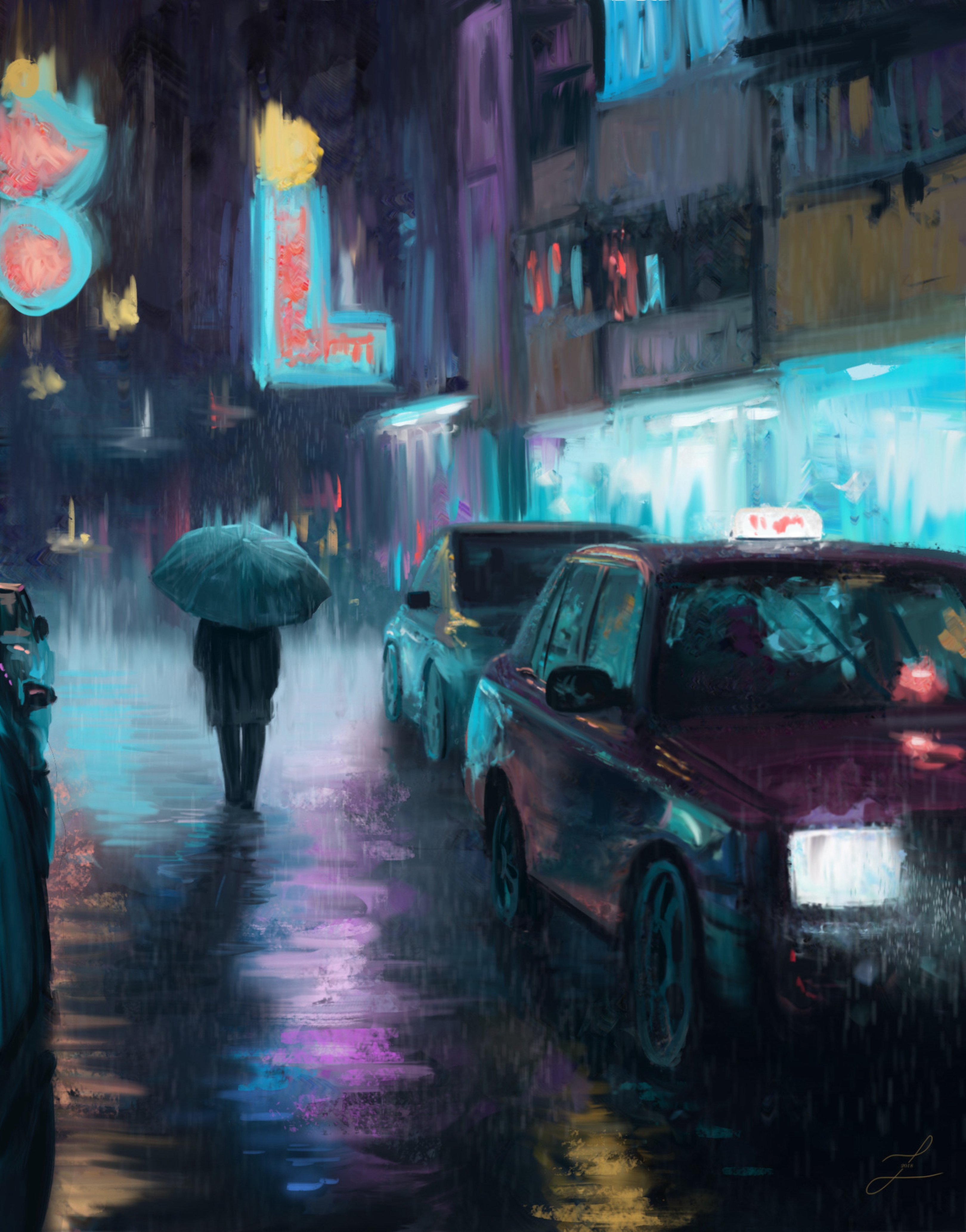art, silhouette, night city, painting, rain, auto, street