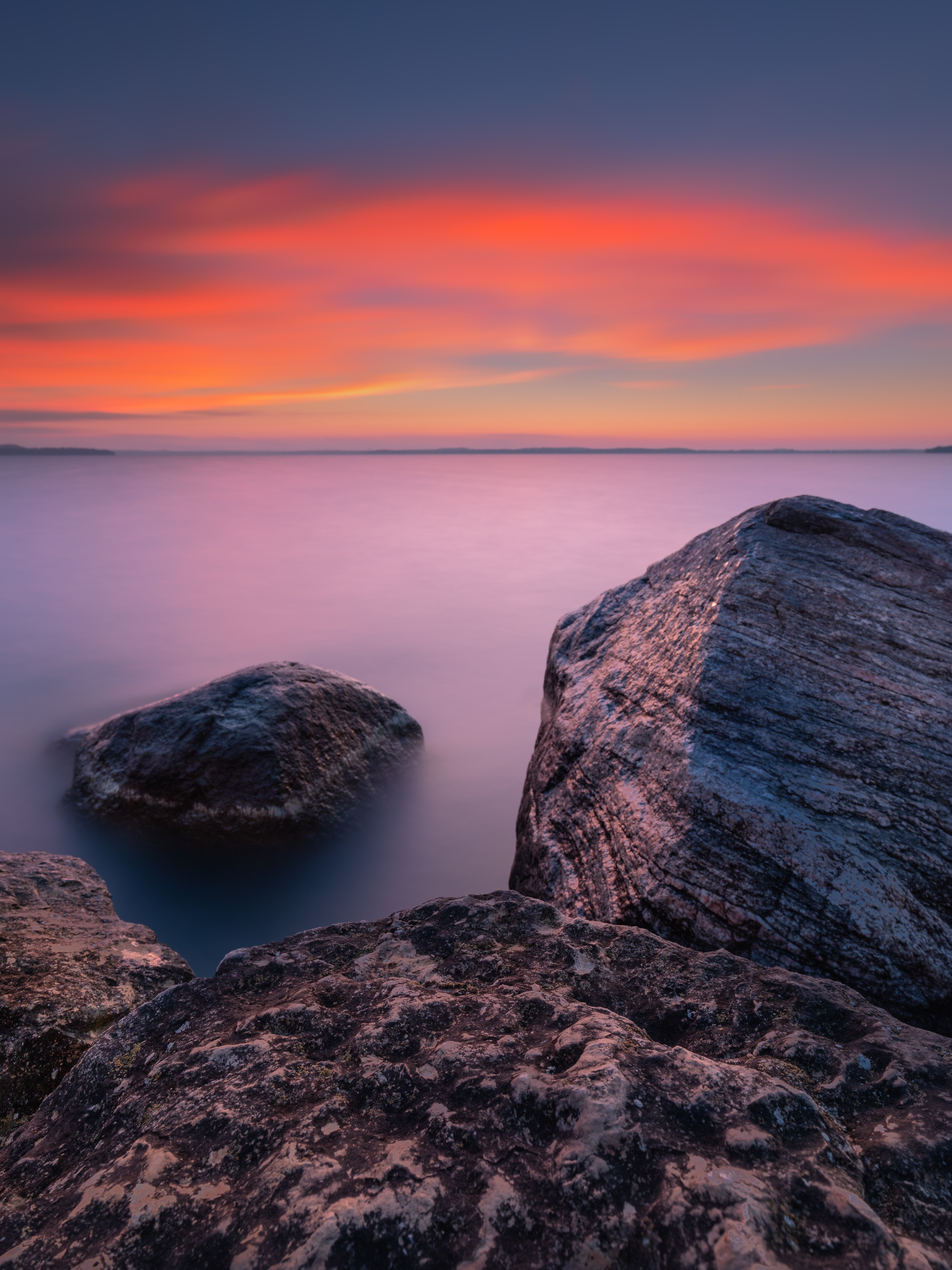 Download mobile wallpaper Sky, Rocks, Evening, Nature, Sunset, Horizon, Sea for free.