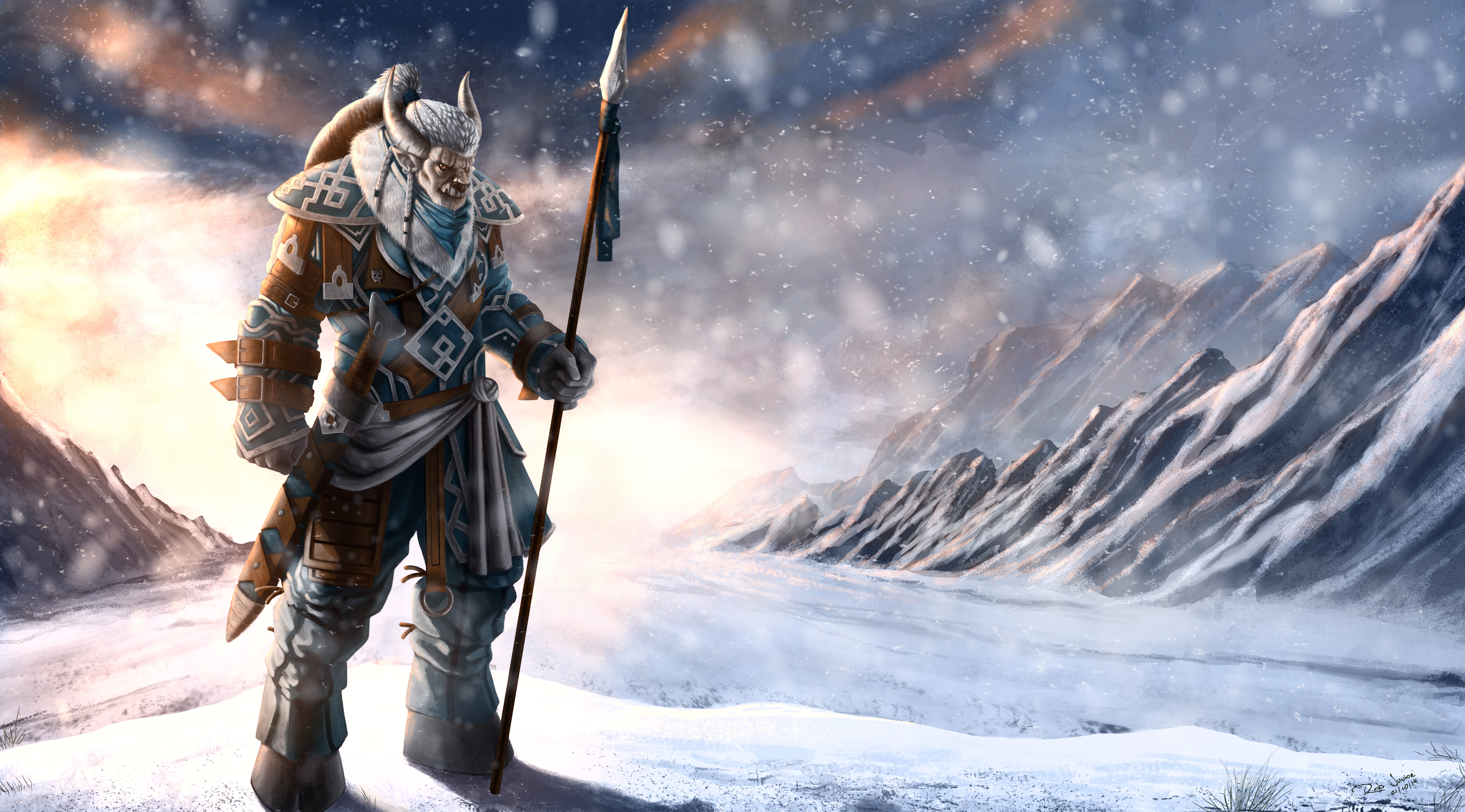 Free download wallpaper Winter, Fantasy, Warrior, Horns, Snowfall on your PC desktop