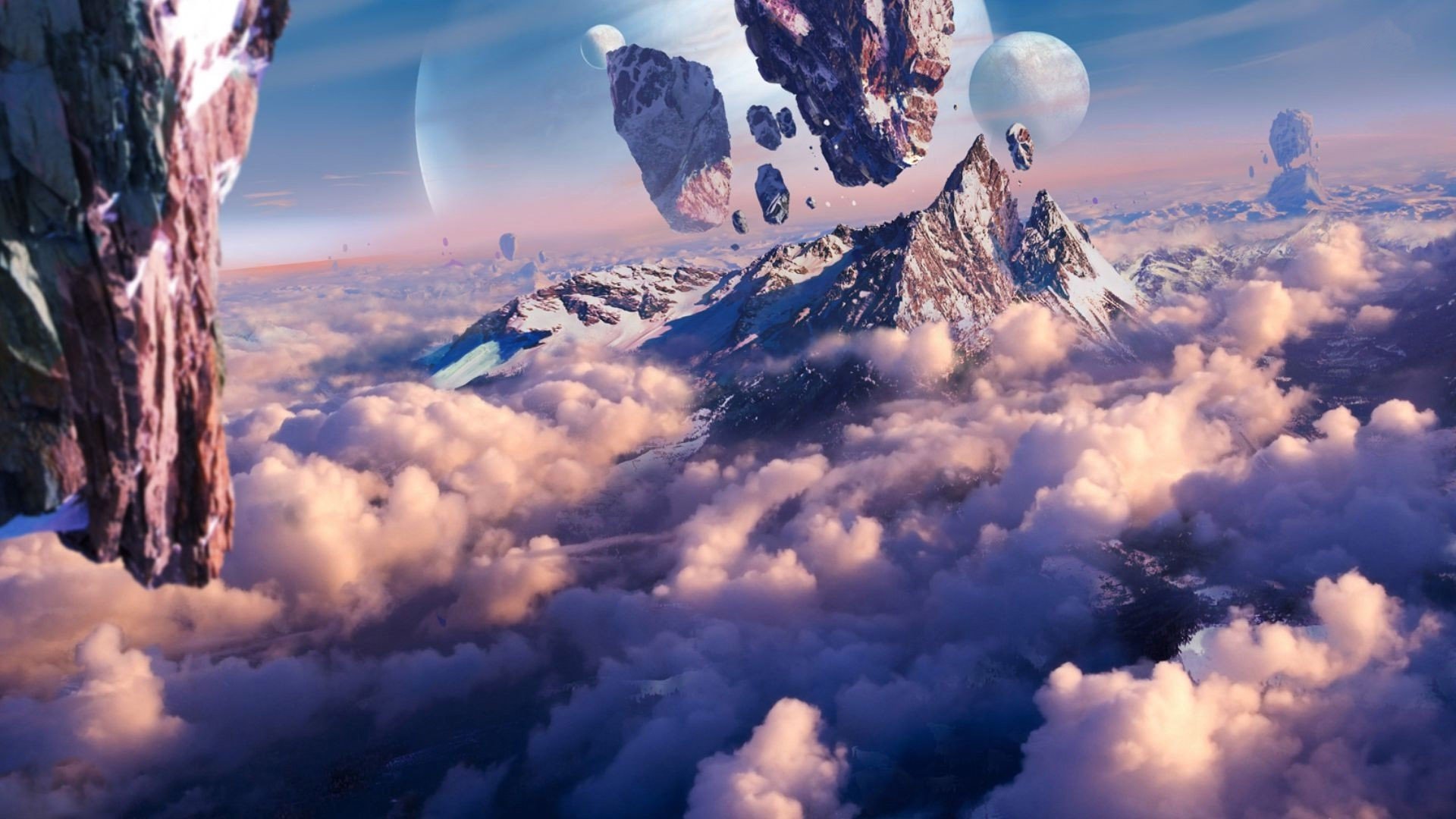 Download mobile wallpaper Landscape, Horizon, Mountain, Planet, Sci Fi, Cloud, Floating Island for free.