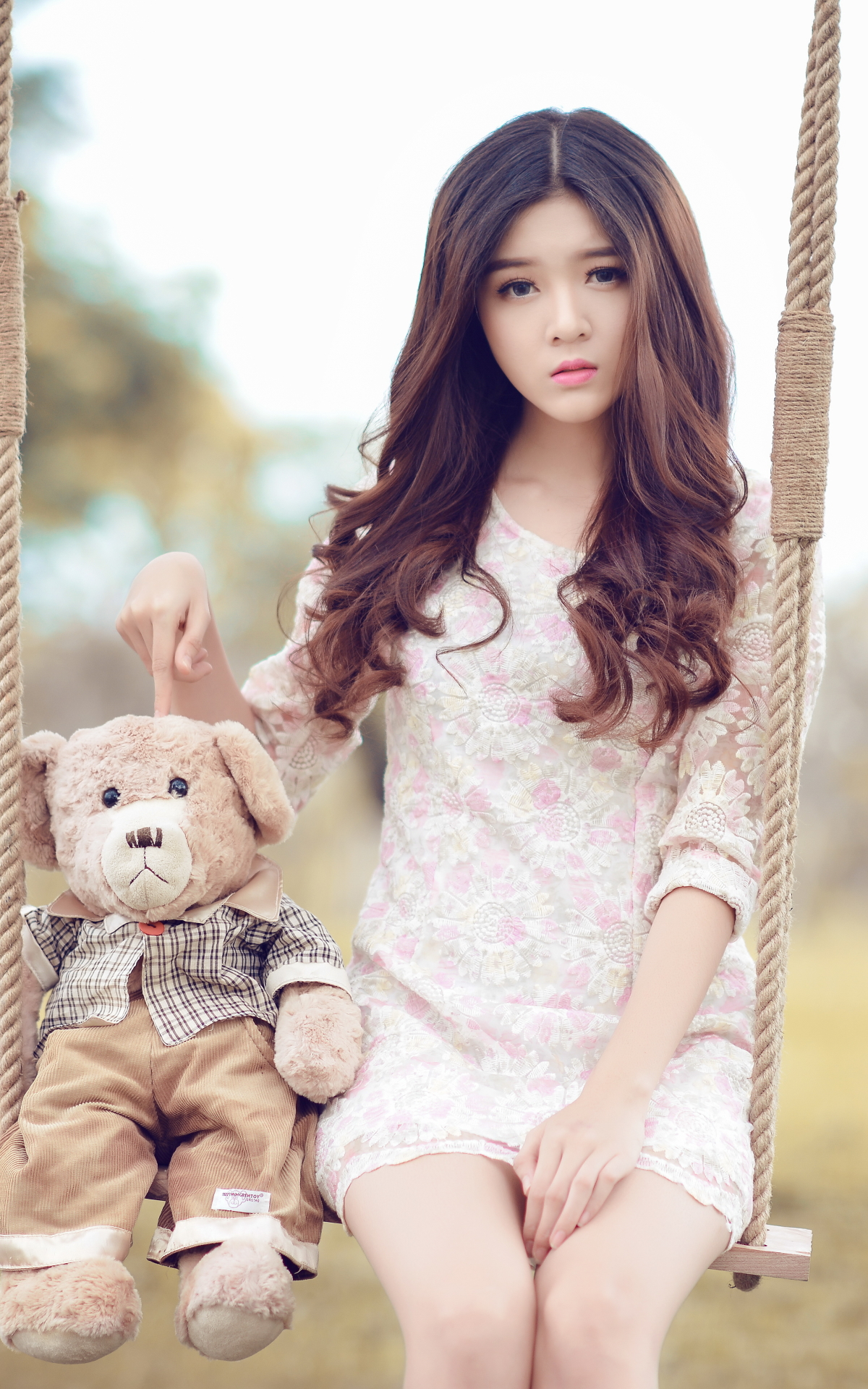 Download mobile wallpaper Teddy Bear, Swing, Bokeh, Brunette, Oriental, Model, Women, Asian, Outdoor for free.