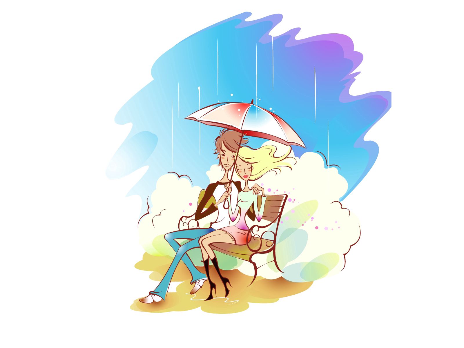 Download mobile wallpaper Bench, Pair, Picture, Umbrella, Drawing, Art, Couple, Rain, Love for free.