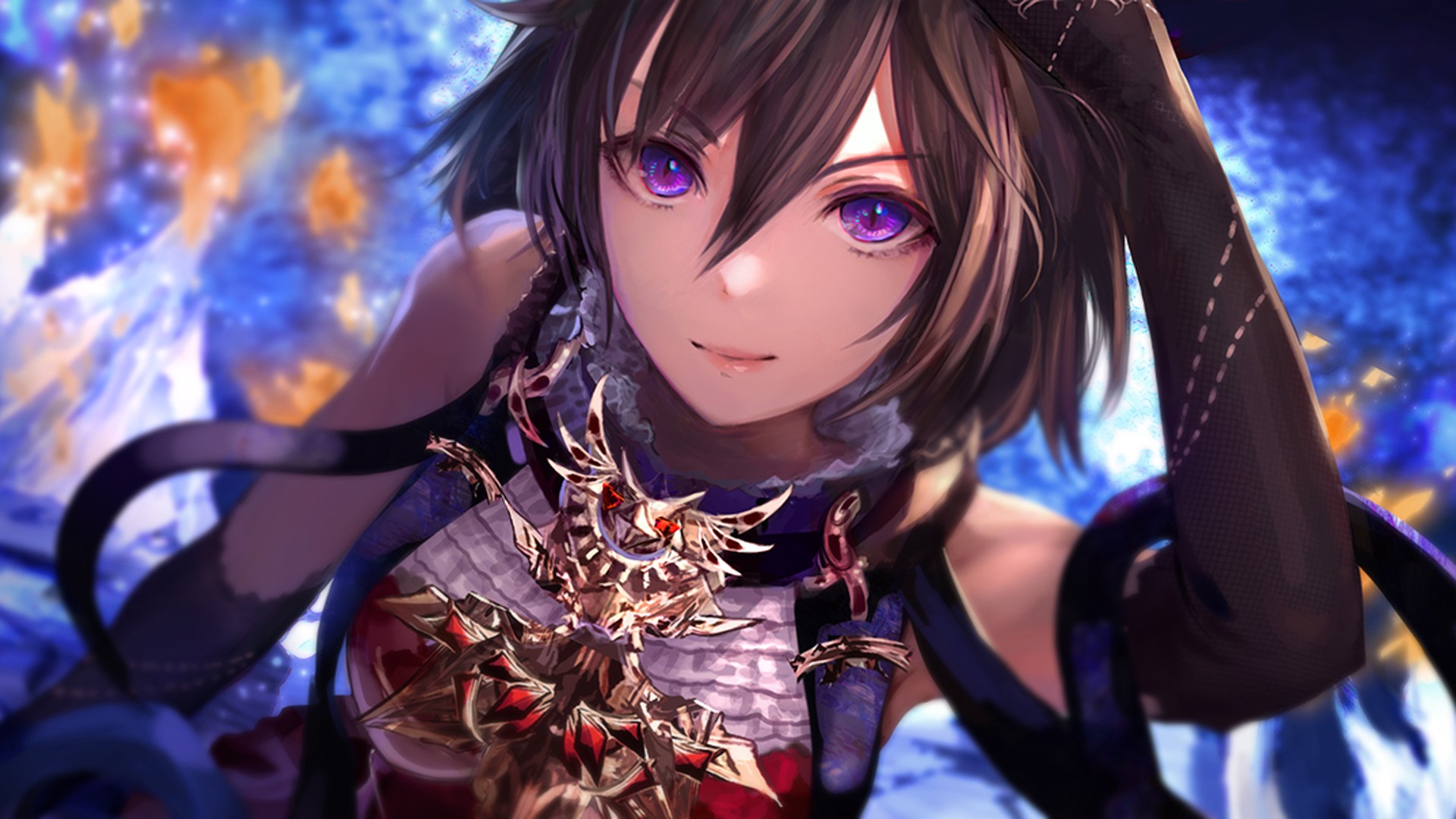 Download mobile wallpaper Anime, Girl, Glove, Brown Hair, Purple Eyes for free.