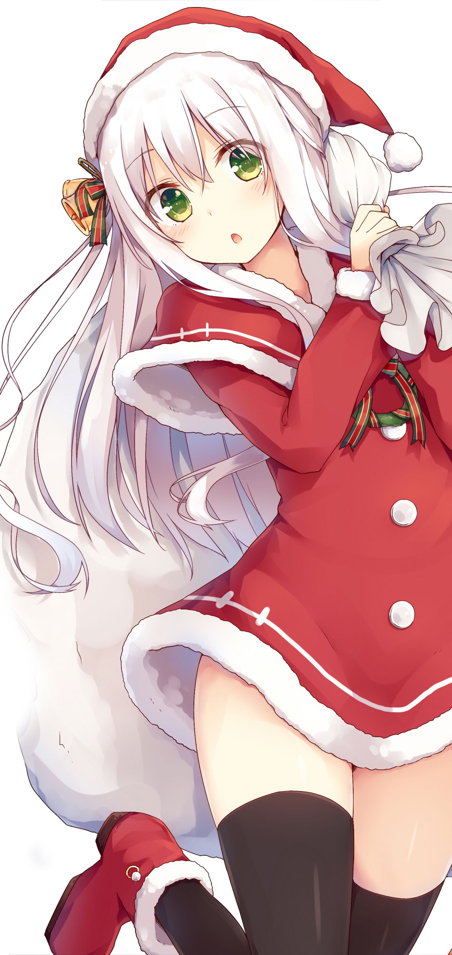 Download mobile wallpaper Anime, Christmas, Green Eyes, Long Hair, White Hair, Santa Hat for free.