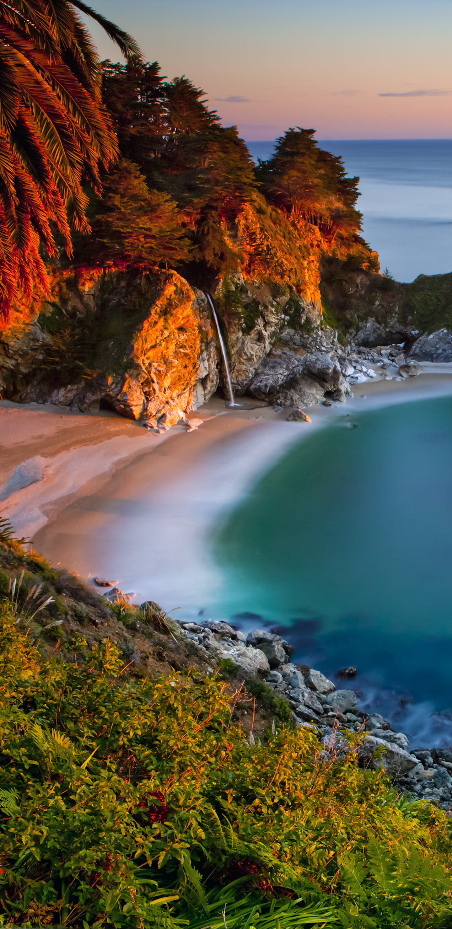 Download mobile wallpaper Beach, Sand, Waterfall, Earth, California, Coastline, Big Sur for free.