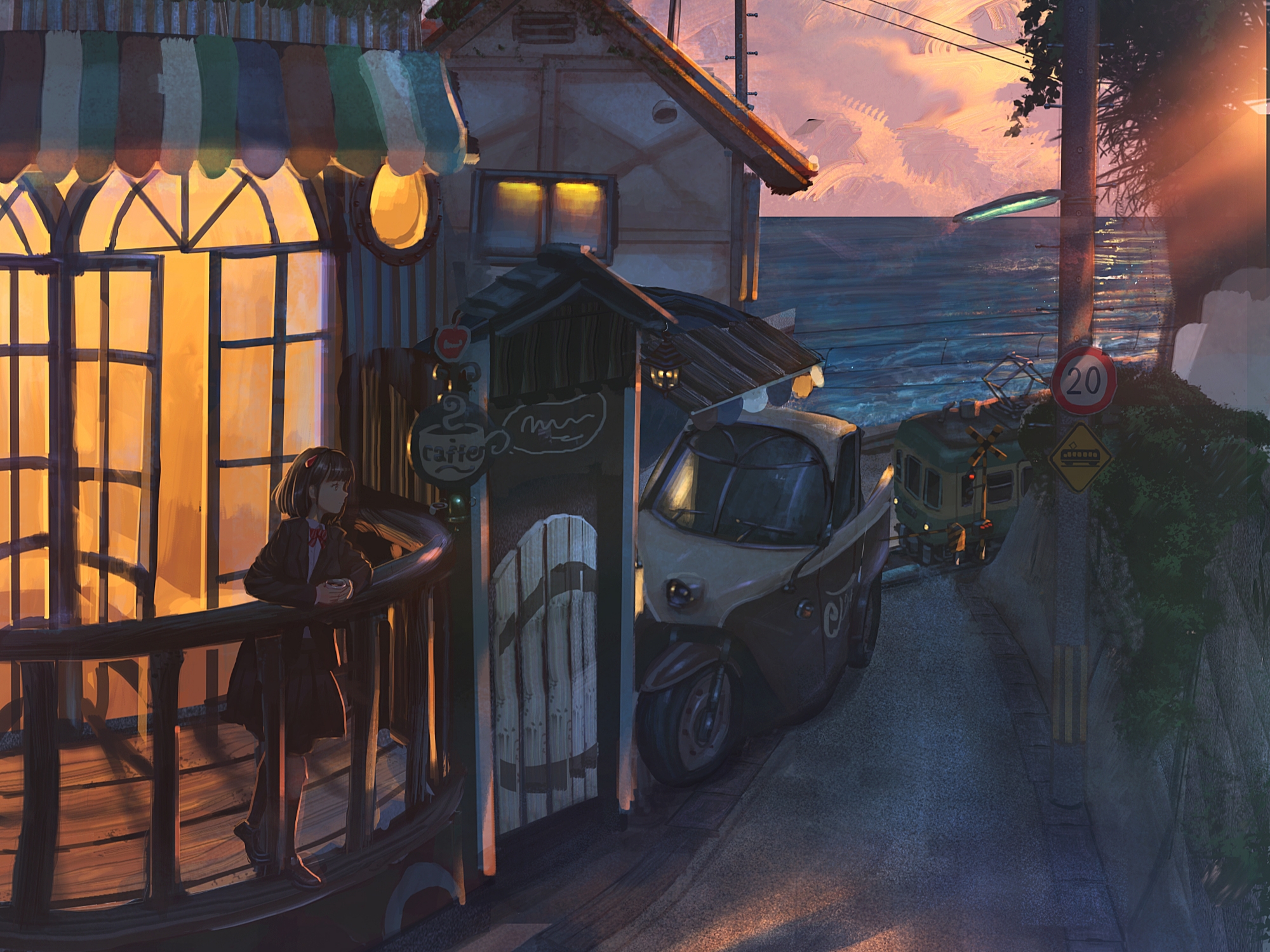 Laden Sie das Cafe, Original, Meer, Sonnenuntergang, Animes-Bild kostenlos auf Ihren PC-Desktop herunter
