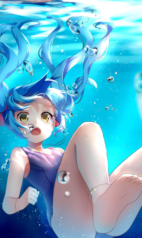Download mobile wallpaper Anime, Vocaloid, Underwater, Bubble, Yellow Eyes, Swimsuit, Blue Hair, Hatsune Miku, Long Hair for free.