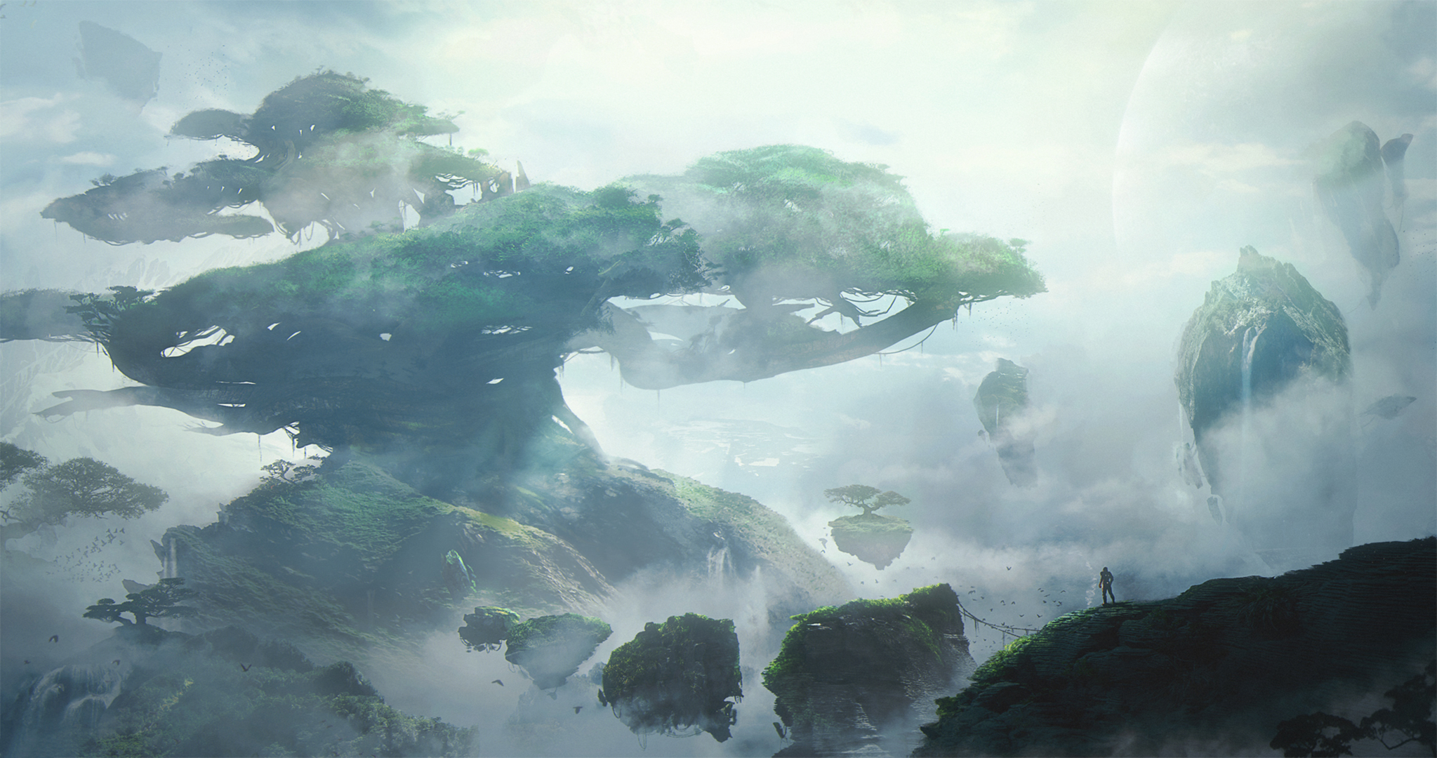 Free download wallpaper Landscape, Nature, Fantasy, Tree, Fog, Floating Island on your PC desktop