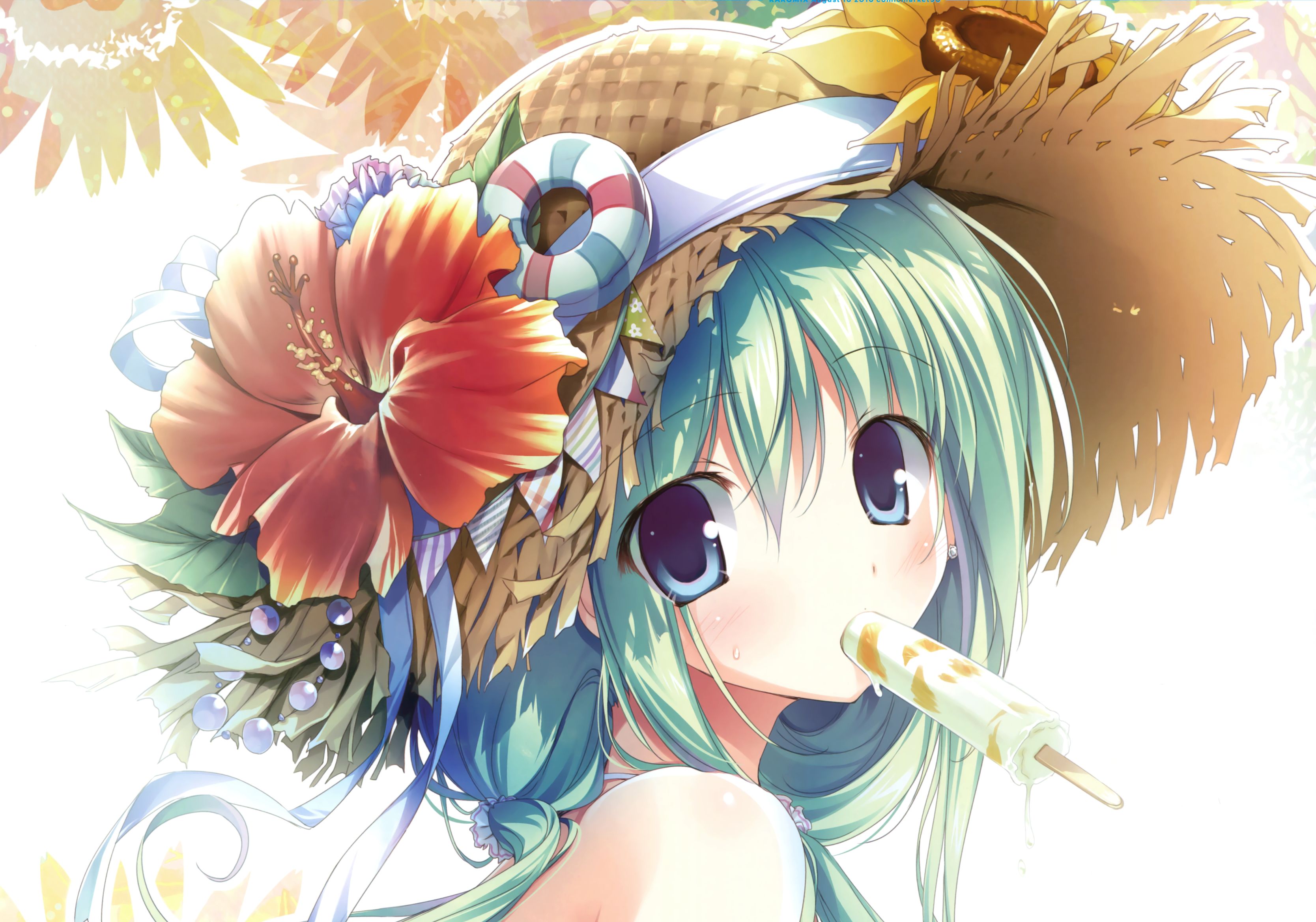 Handy-Wallpaper Blume, Hut, Grüne Haare, Blaue Augen, Original, Erröten, Eiscreme, Animes, Twintails kostenlos herunterladen.