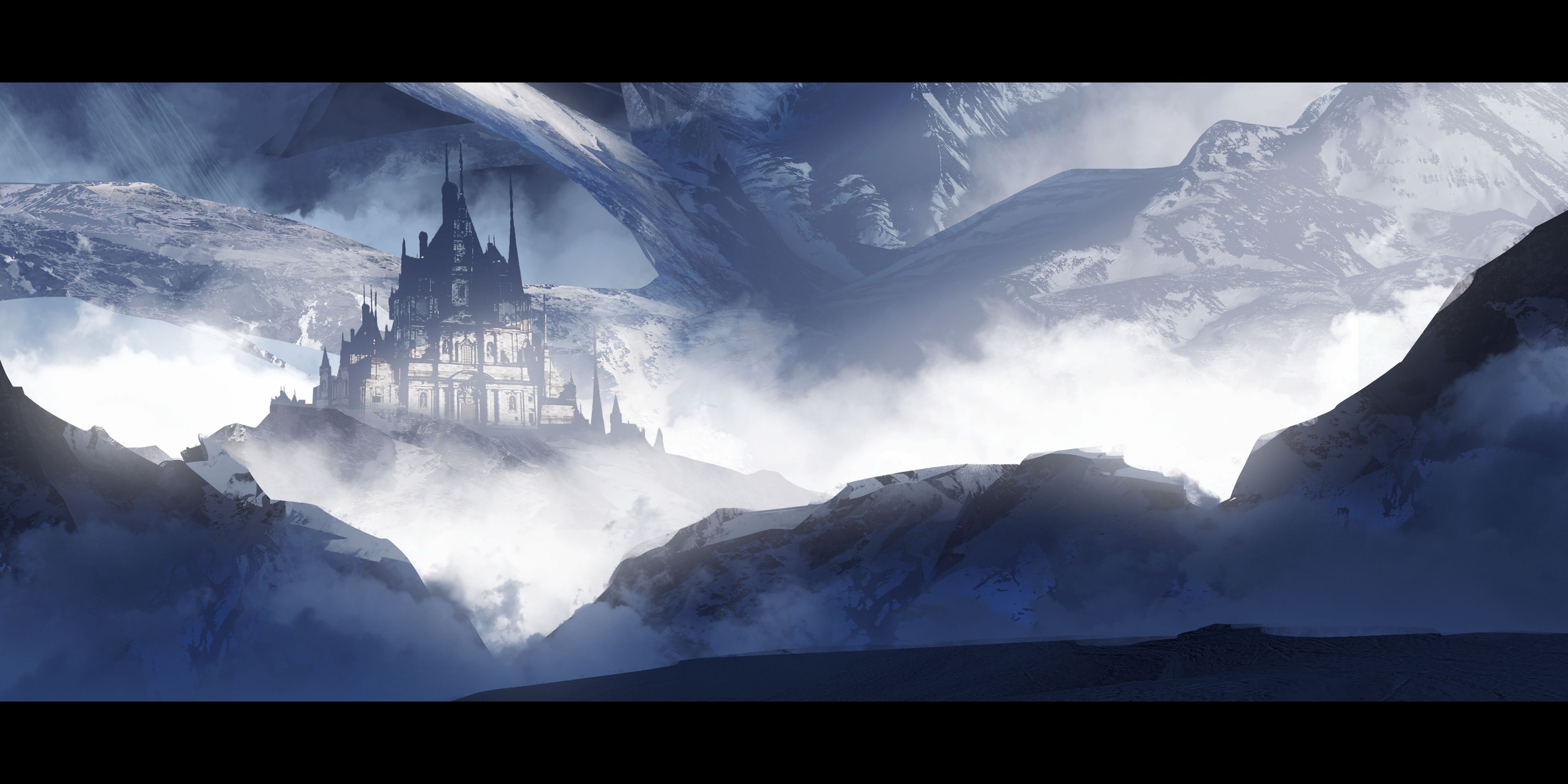Free download wallpaper Fantasy, Snow, Castles, Mountain, Fog, Castle on your PC desktop