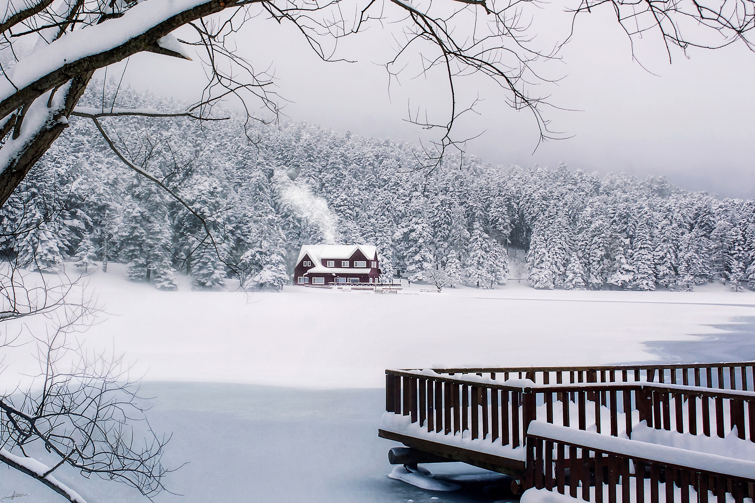 Скачать обои бесплатно Зима, Снег, Лес, Дом, Фотографии, Турция, Озеро Гёльджюк картинка на рабочий стол ПК