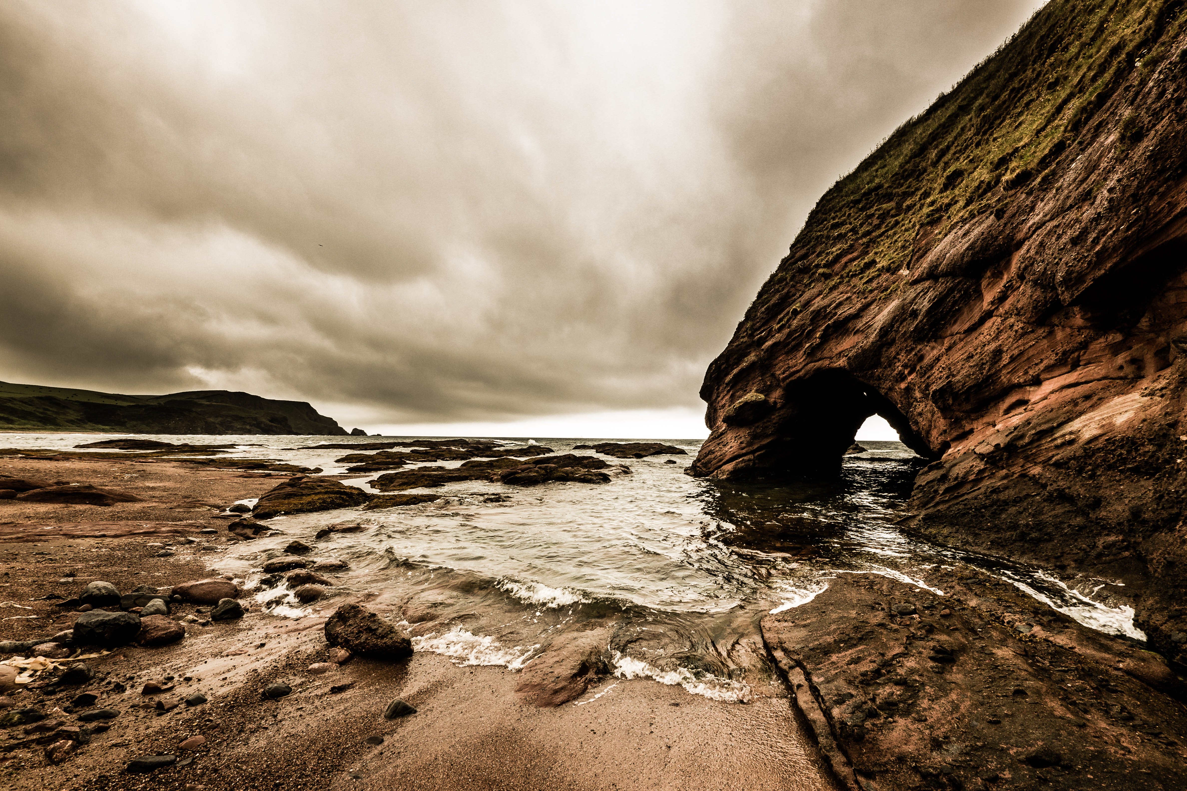 Download mobile wallpaper Precipice, Rock, Waves, Break, Sea, Nature, Beach for free.