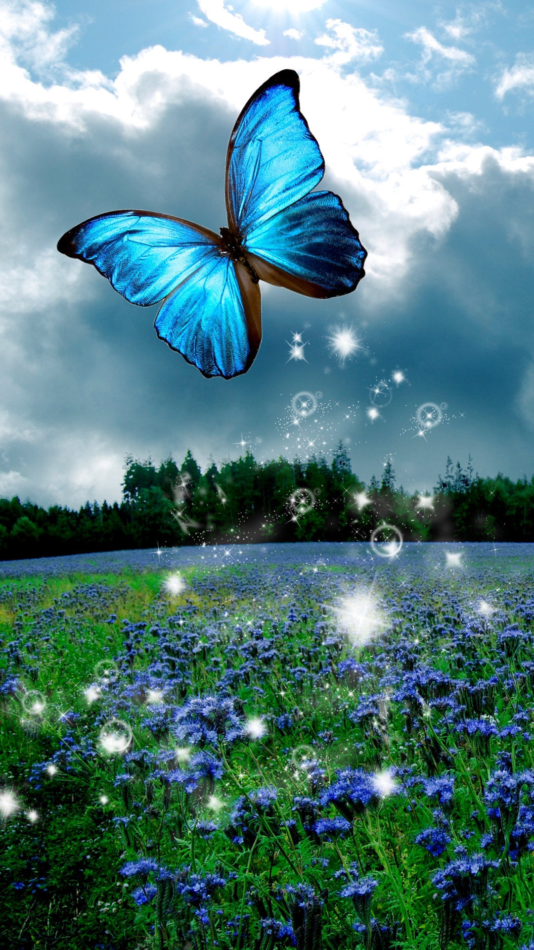 Download mobile wallpaper Flower, Field, Butterfly, Artistic, Blue Flower for free.