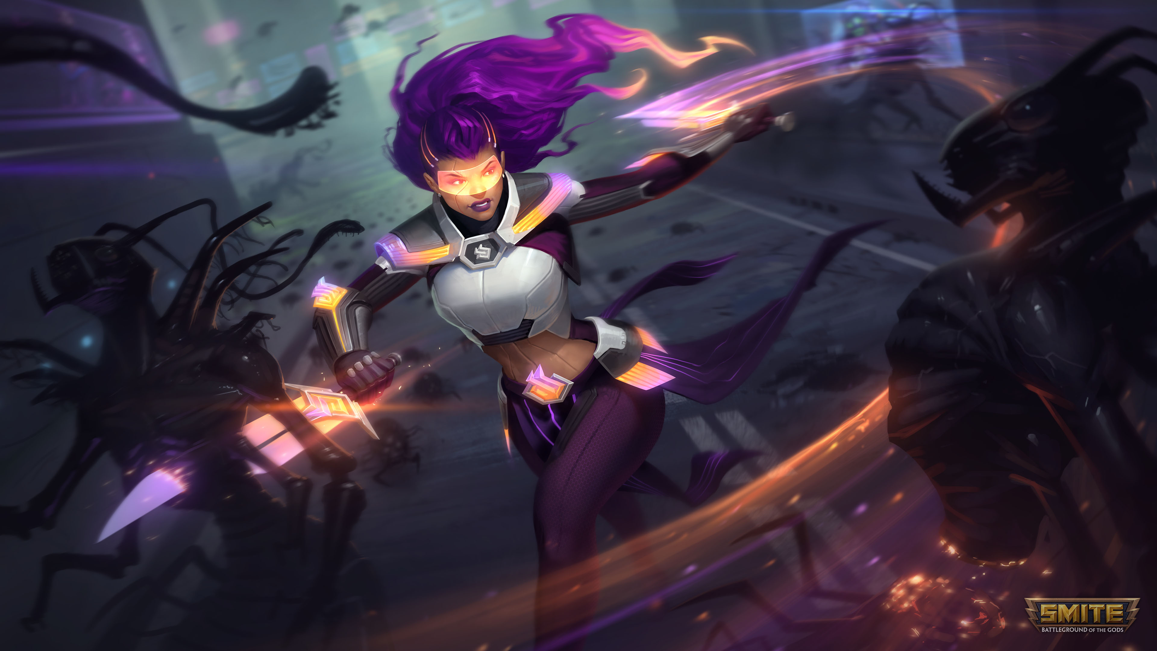 video game, smite, pele (smite), purple hair, woman warrior