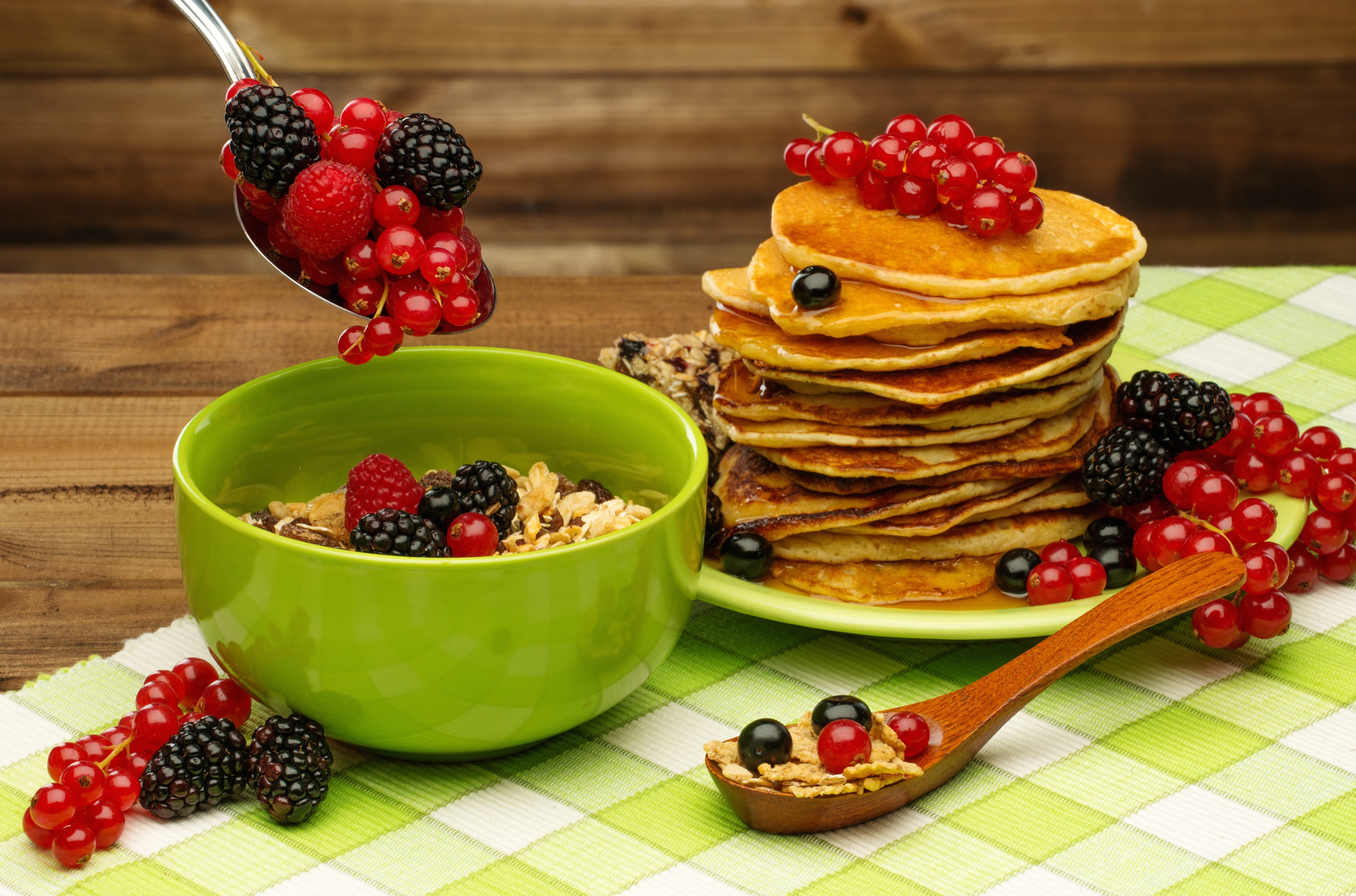 Download mobile wallpaper Food, Blackberry, Honey, Muesli, Breakfast, Pancake, Currants for free.