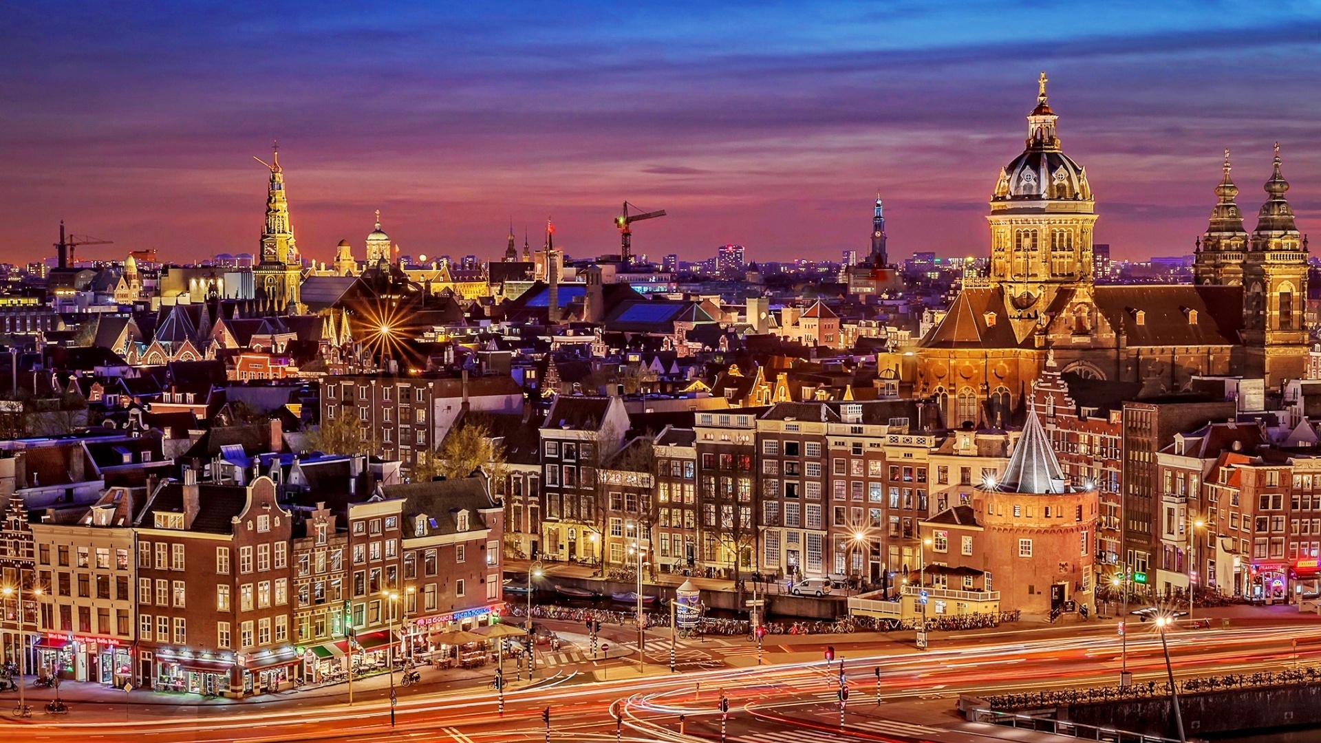 PCデスクトップに都市, 街, 建物, 夜, アムステルダム, 建築, マンメイド, 街並み画像を無料でダウンロード
