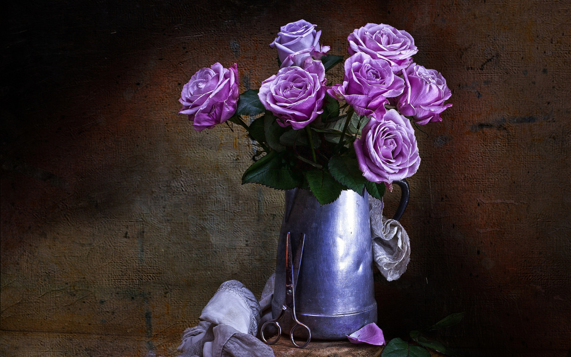 Завантажити шпалери безкоштовно Квітка, Роза, Глечик, Фіолетова Квітка, Створено Людиною картинка на робочий стіл ПК