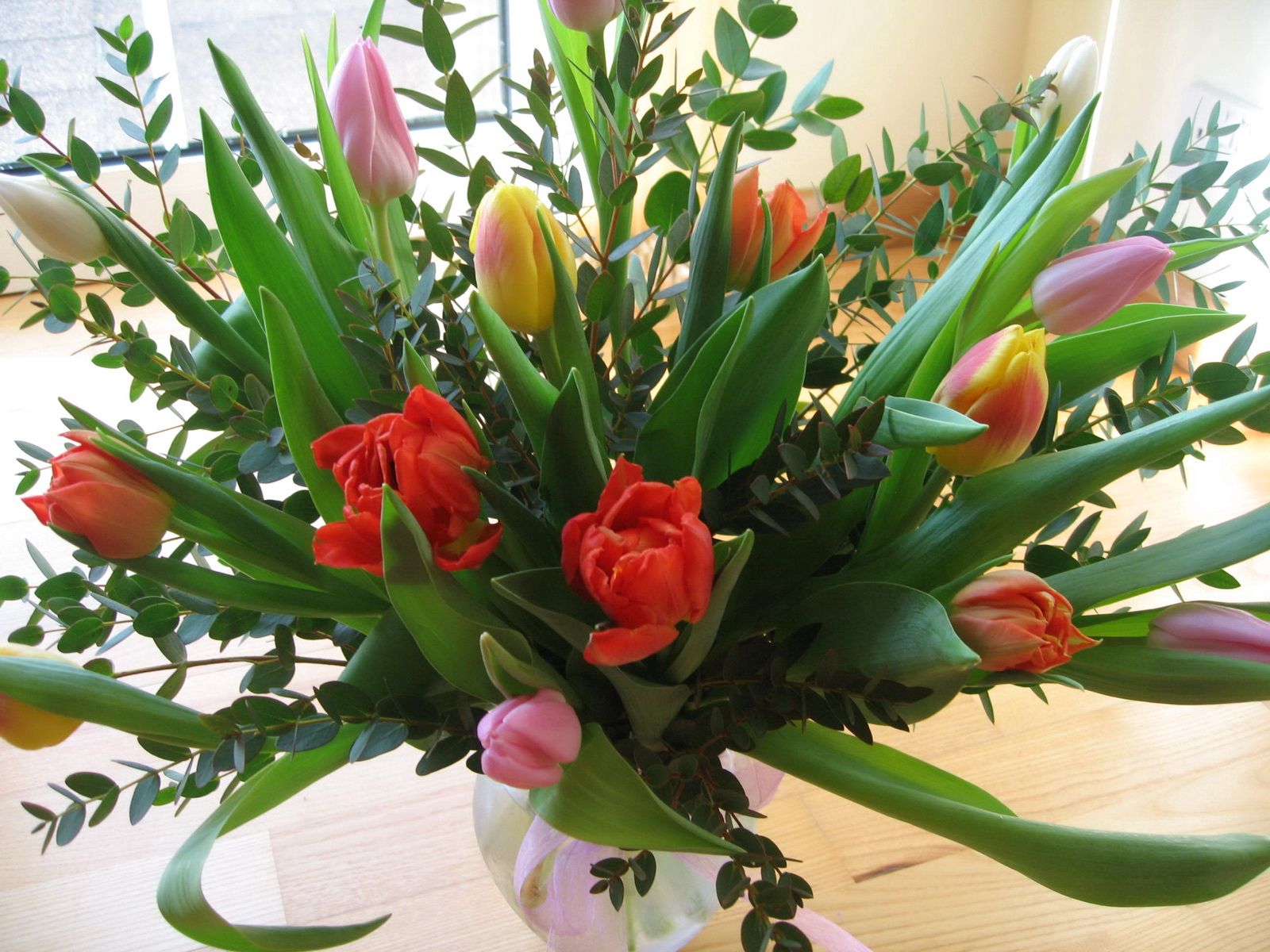 Free download wallpaper Flowers, Tulips, Beauty, Greens, Bouquet, Vase on your PC desktop