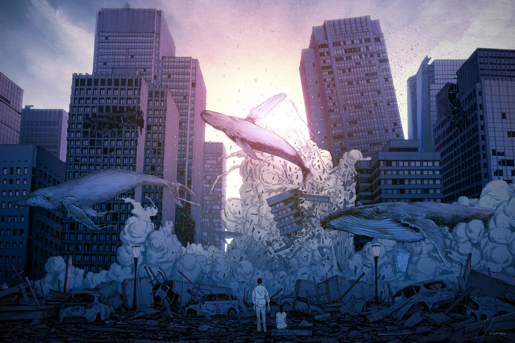 Free download wallpaper Anime, City, Building, Whale, Ruin on your PC desktop