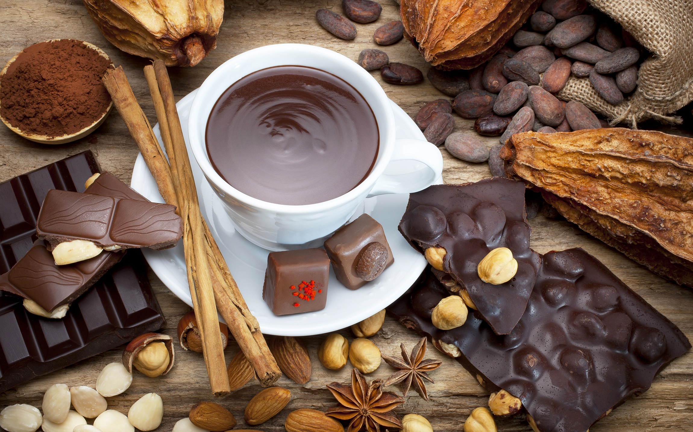 Download mobile wallpaper Food, Chocolate, Still Life, Cinnamon, Cup, Nut for free.