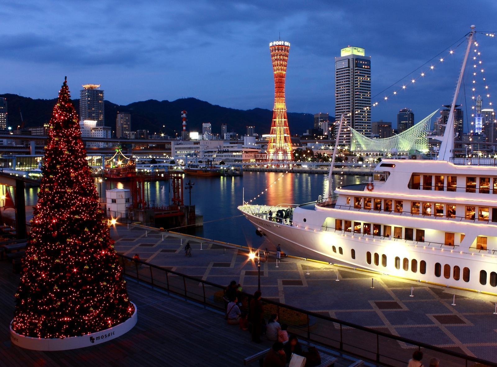 Full HD Wallpaper holidays, lights, holiday, evening, christmas tree, ship, port