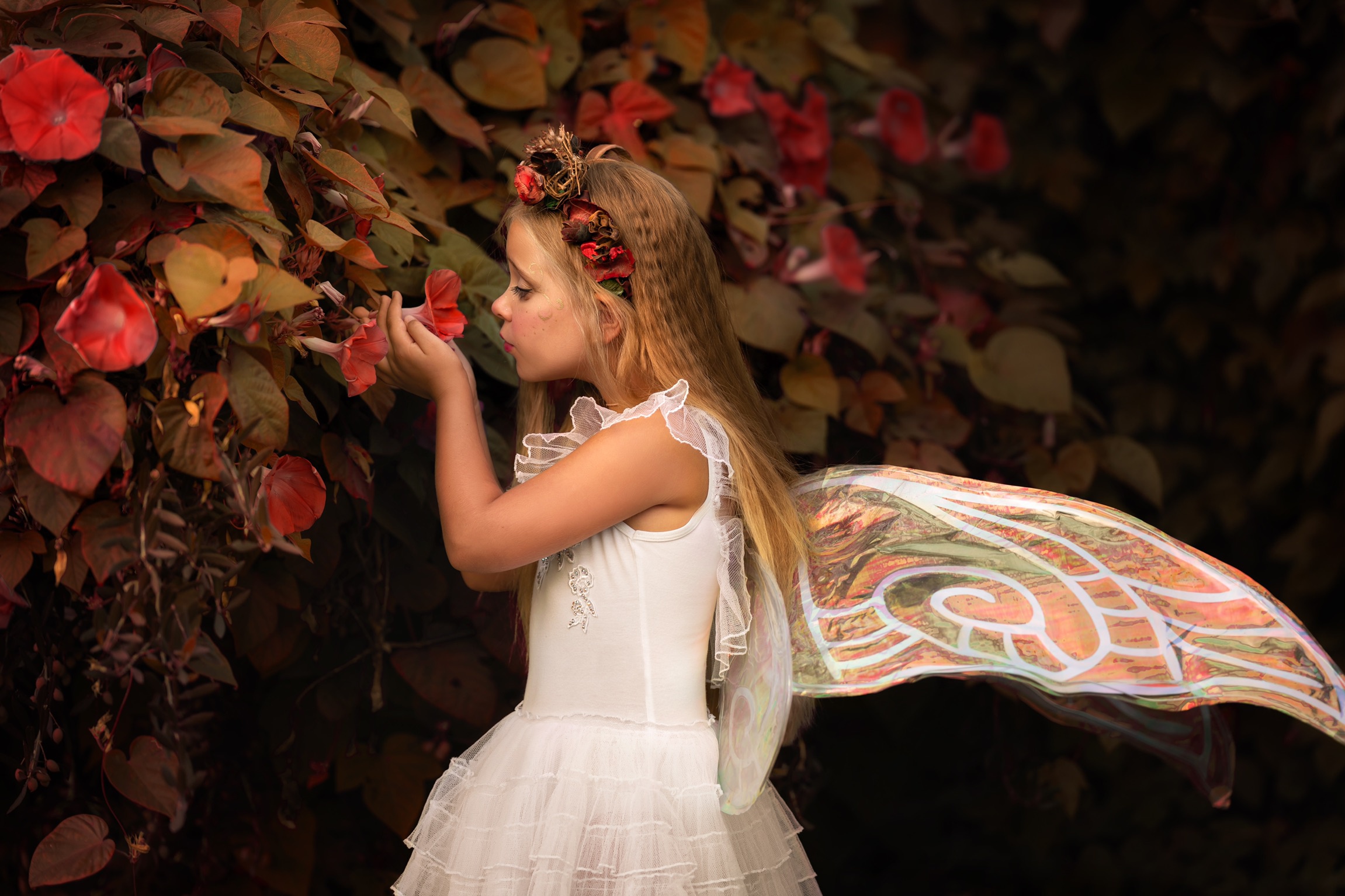 Download mobile wallpaper Flower, Wings, Mood, Child, Wreath, Photography, Fairy for free.