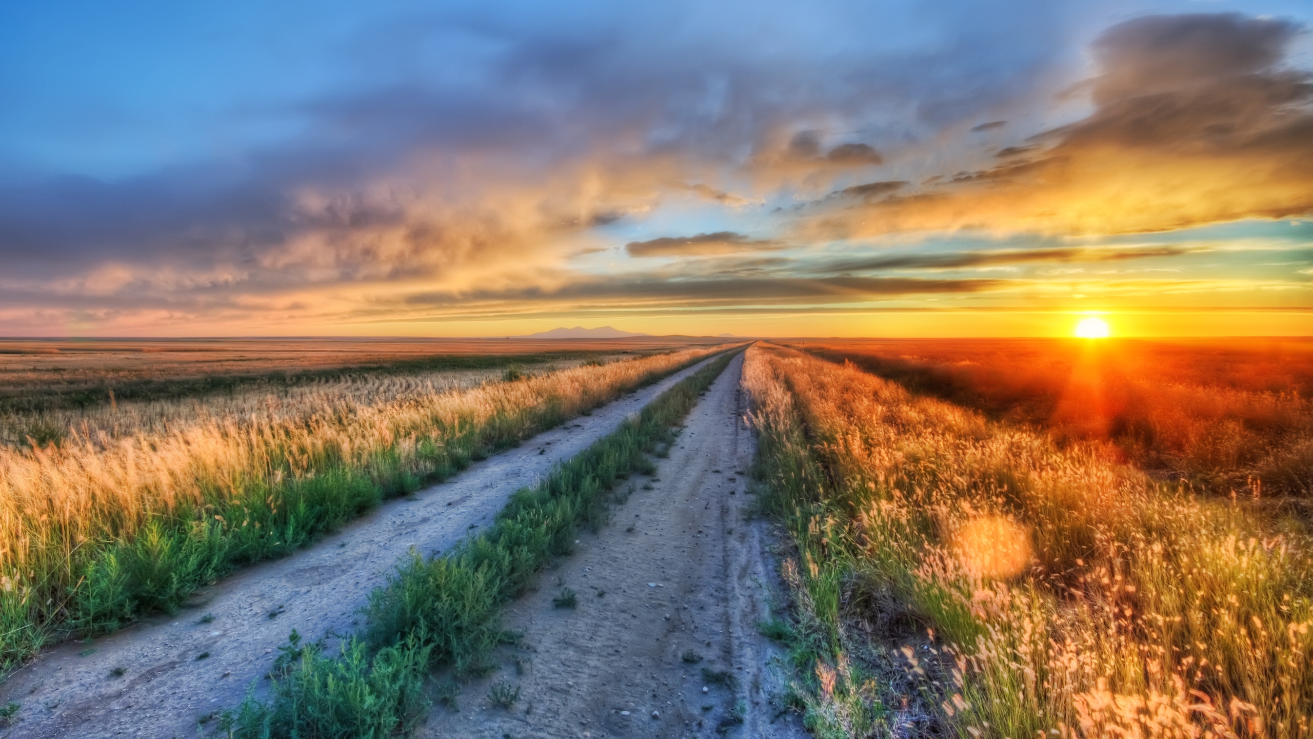 Free download wallpaper Landscape, Road, Sunrise, Field, Path, Hdr, Man Made on your PC desktop