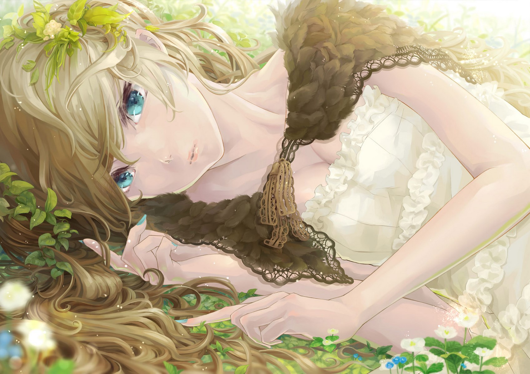 Download mobile wallpaper Anime, Flower, Blonde, Dress, Original, Long Hair, Aqua Eyes for free.