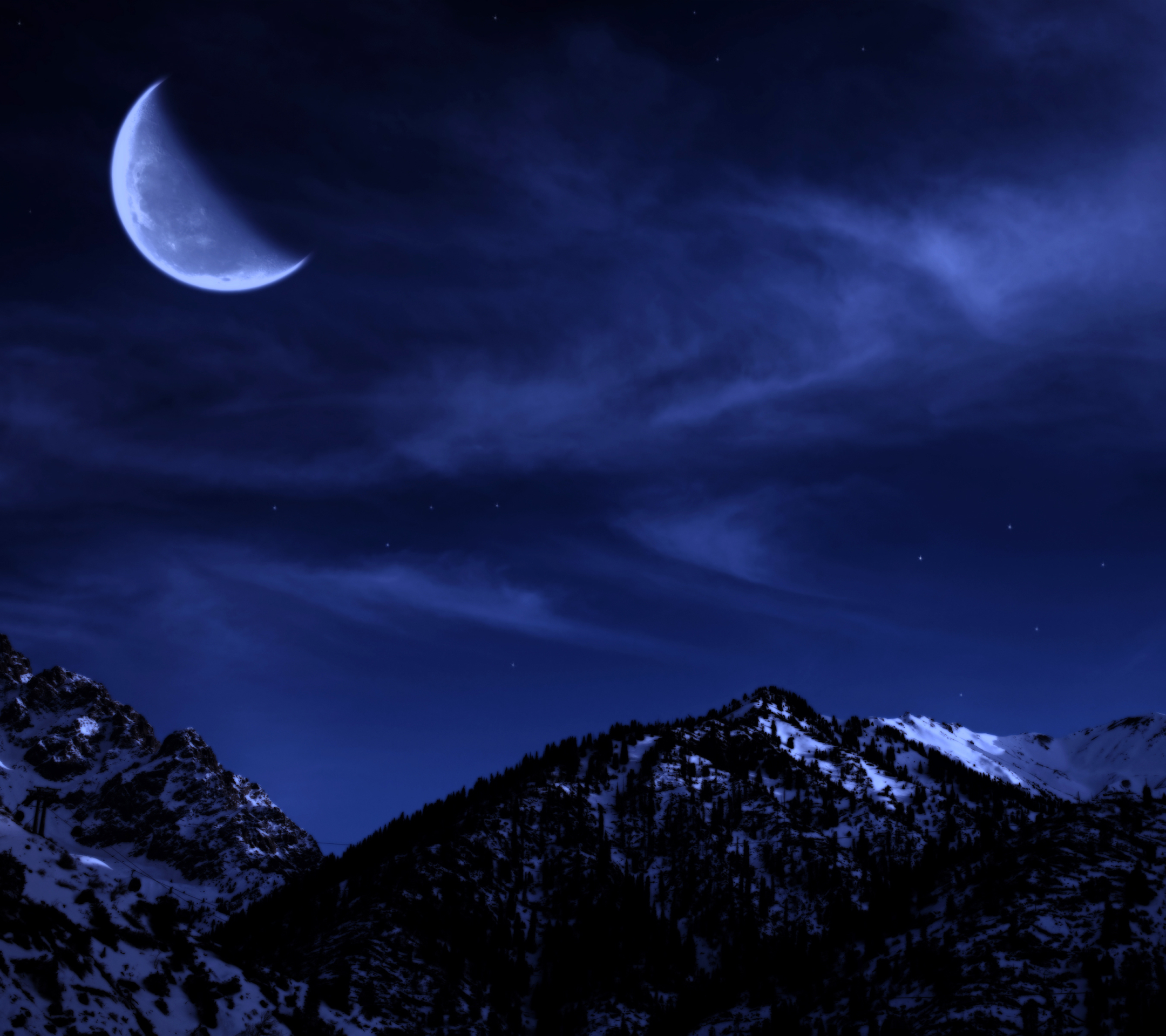 無料モバイル壁紙冬, 山, 青い, 月, 地球, 夜, 空をダウンロードします。