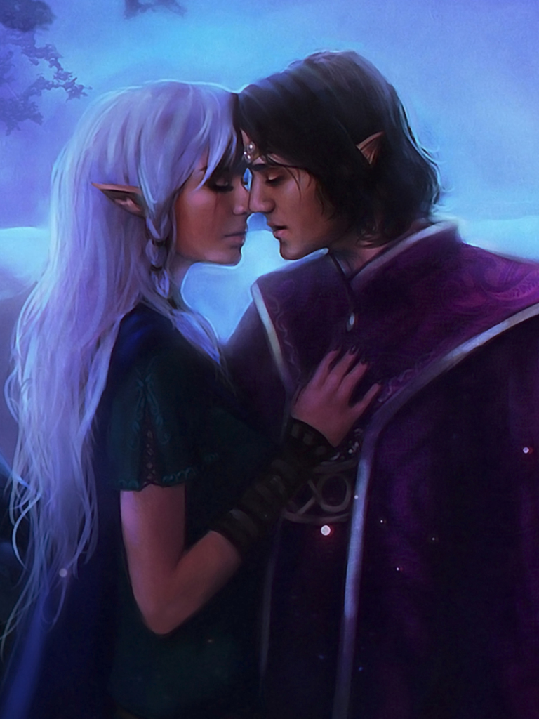 Download mobile wallpaper Fantasy, Night, Moon, Love, Couple, Elf for free.